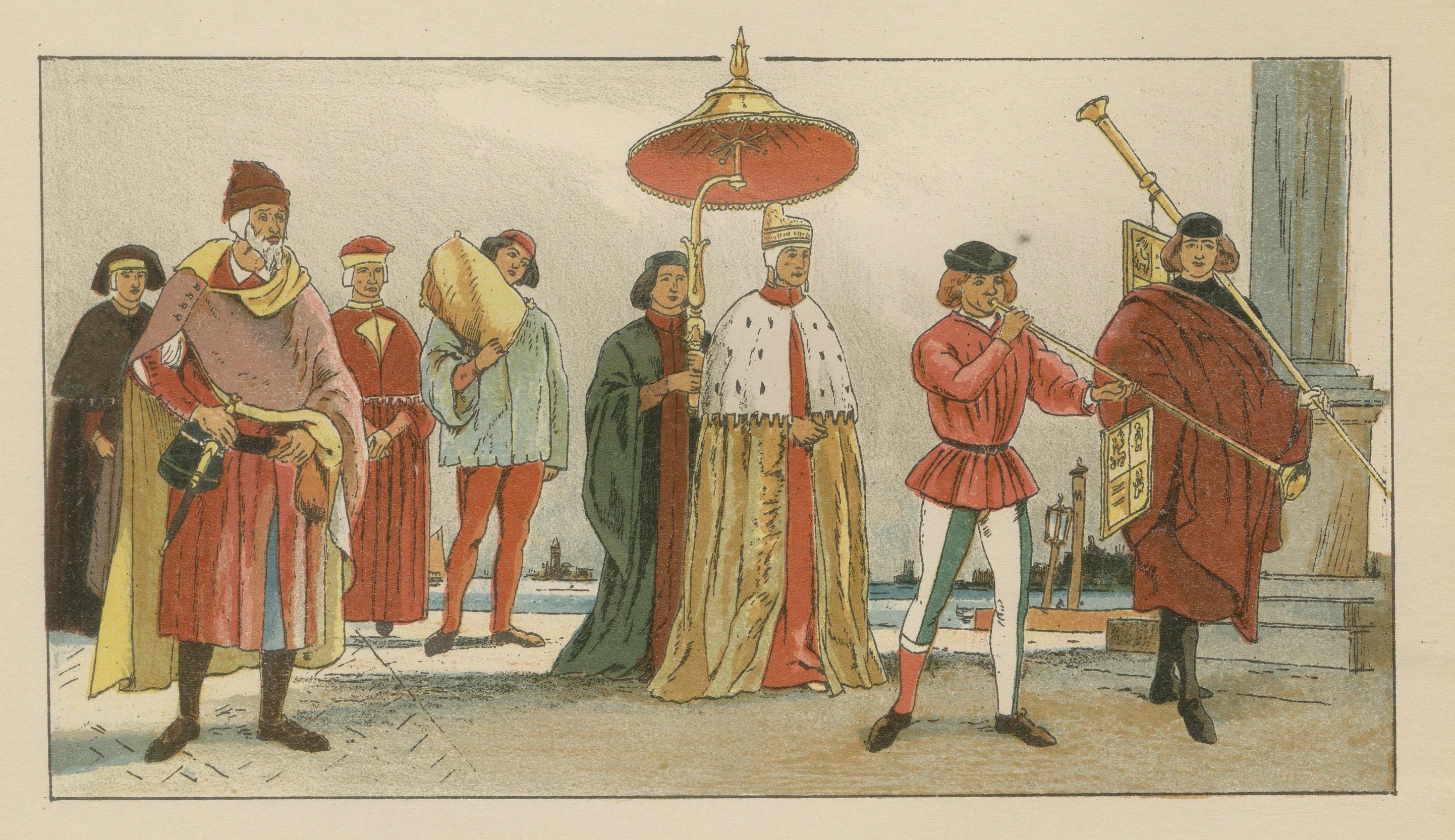 Venice 16th-Century Costumes, Doge and Nobility, Antique Wasmuth Plate (c.1880)