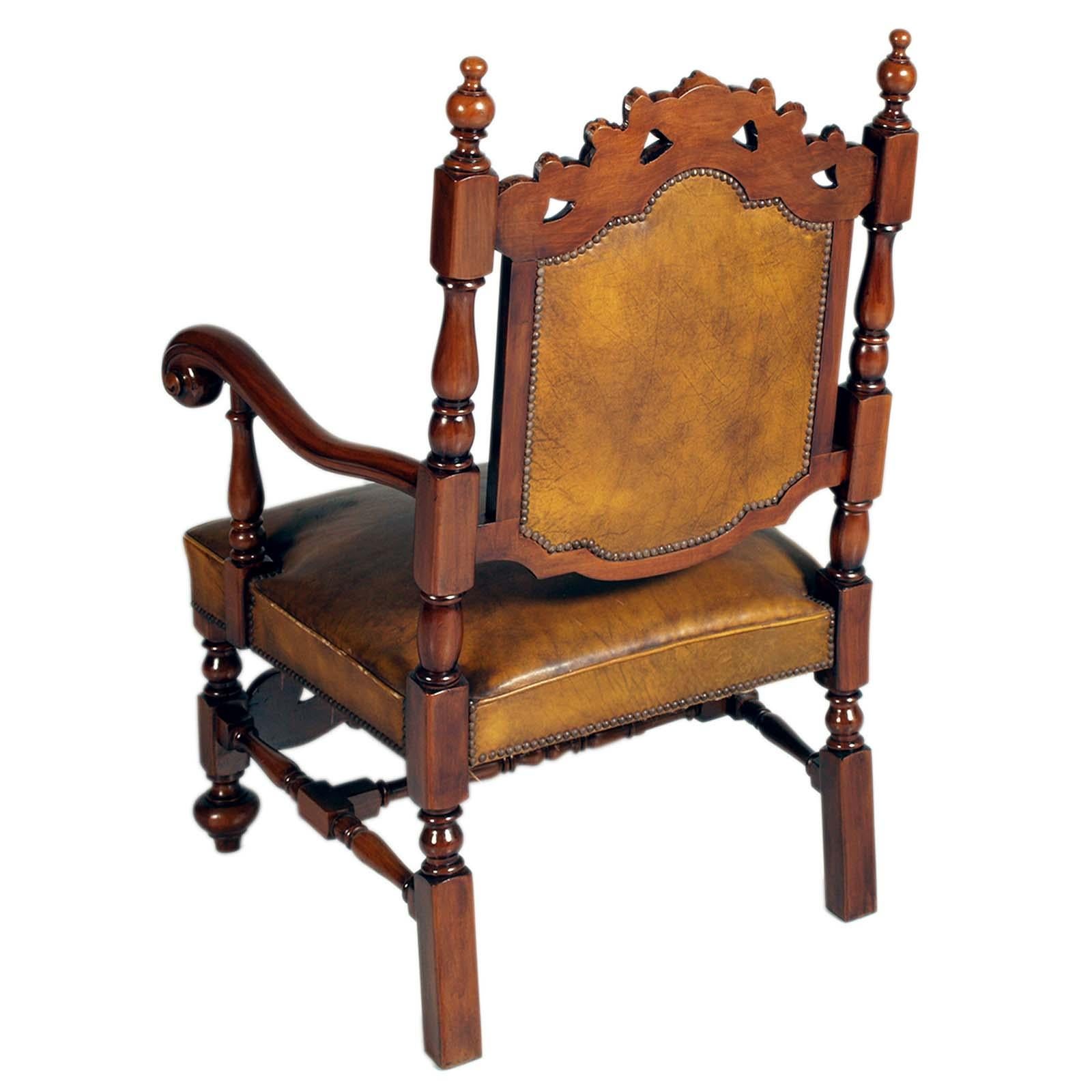 Renaissance Revival Venice 19th Century Throne Chair attributed Testolini Frères Leather Upholster For Sale