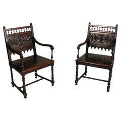 Venice Armchairs by Testolini Frères Renaissance style. Solid oak, wax polished