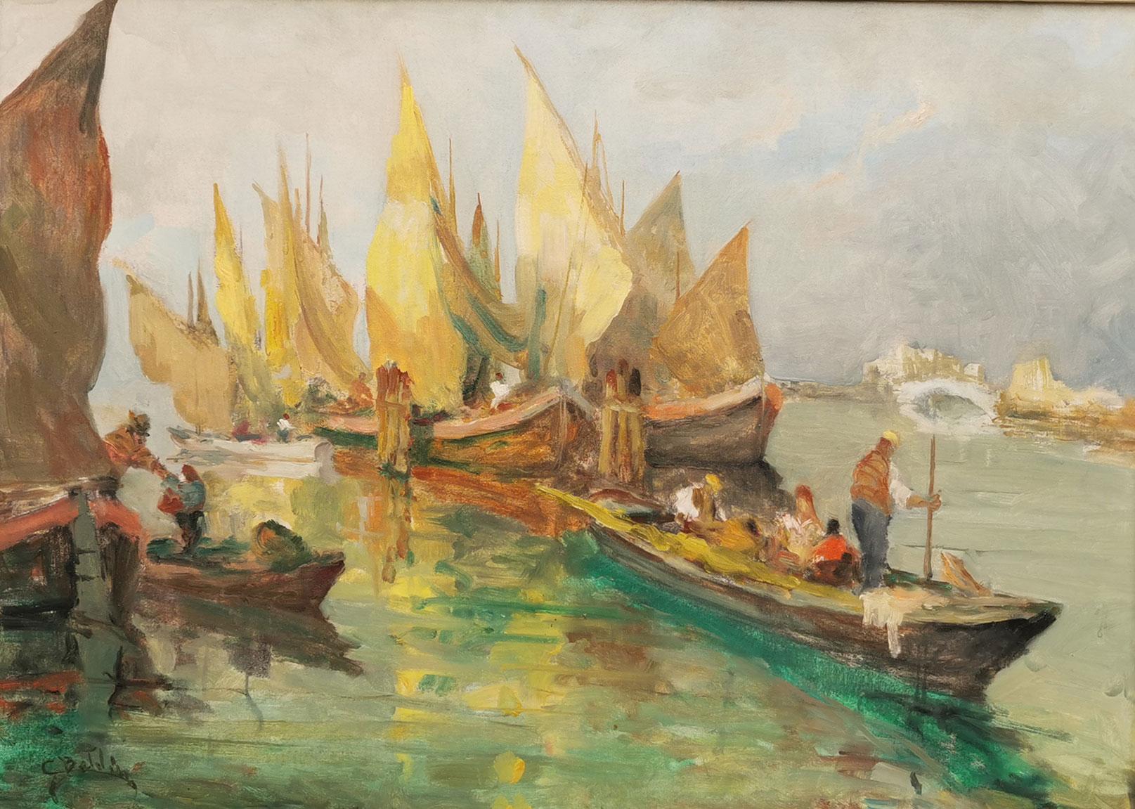 Venice Boats Painting, Italy 1950 3