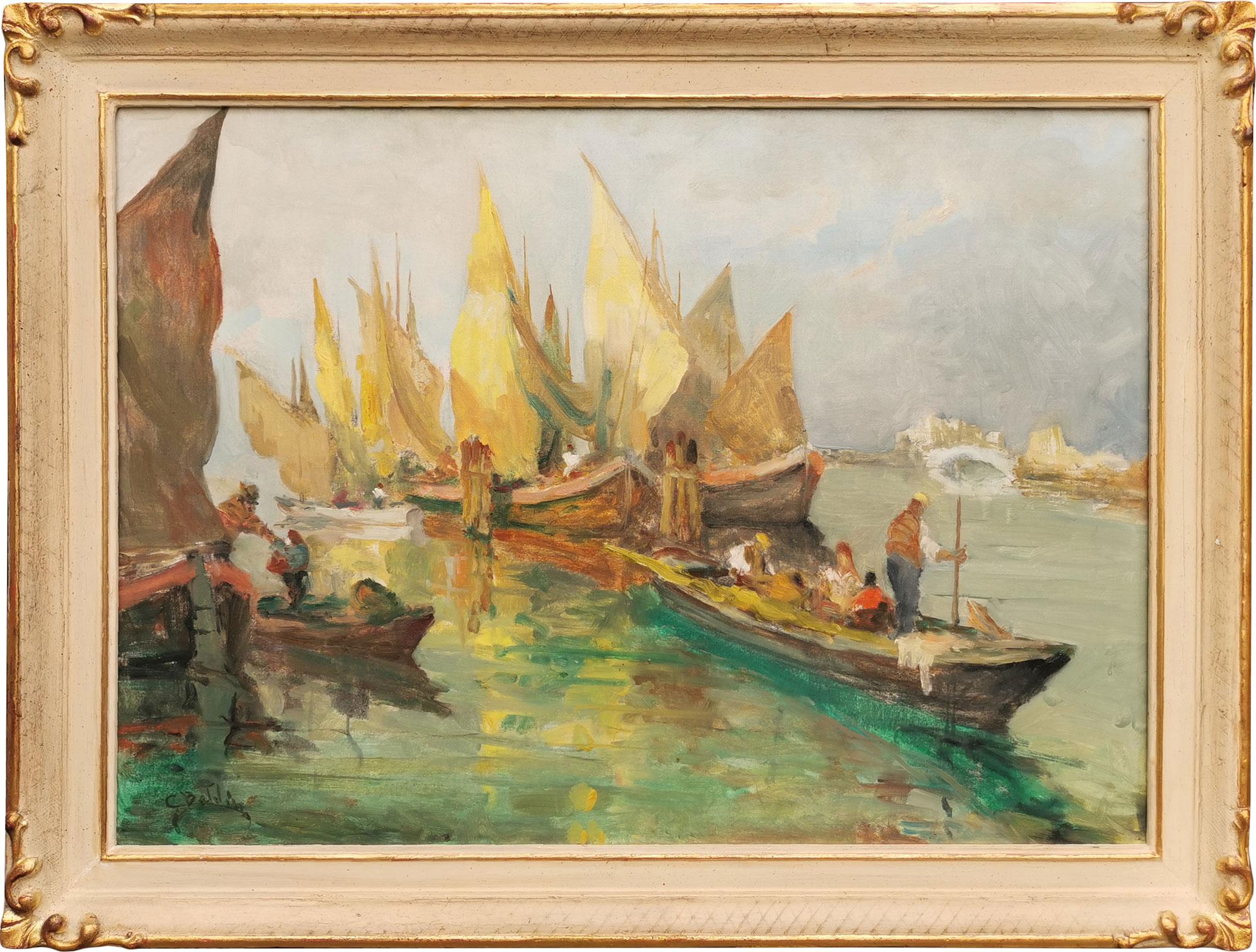 Venice Boats Painting, Italy 1950 4