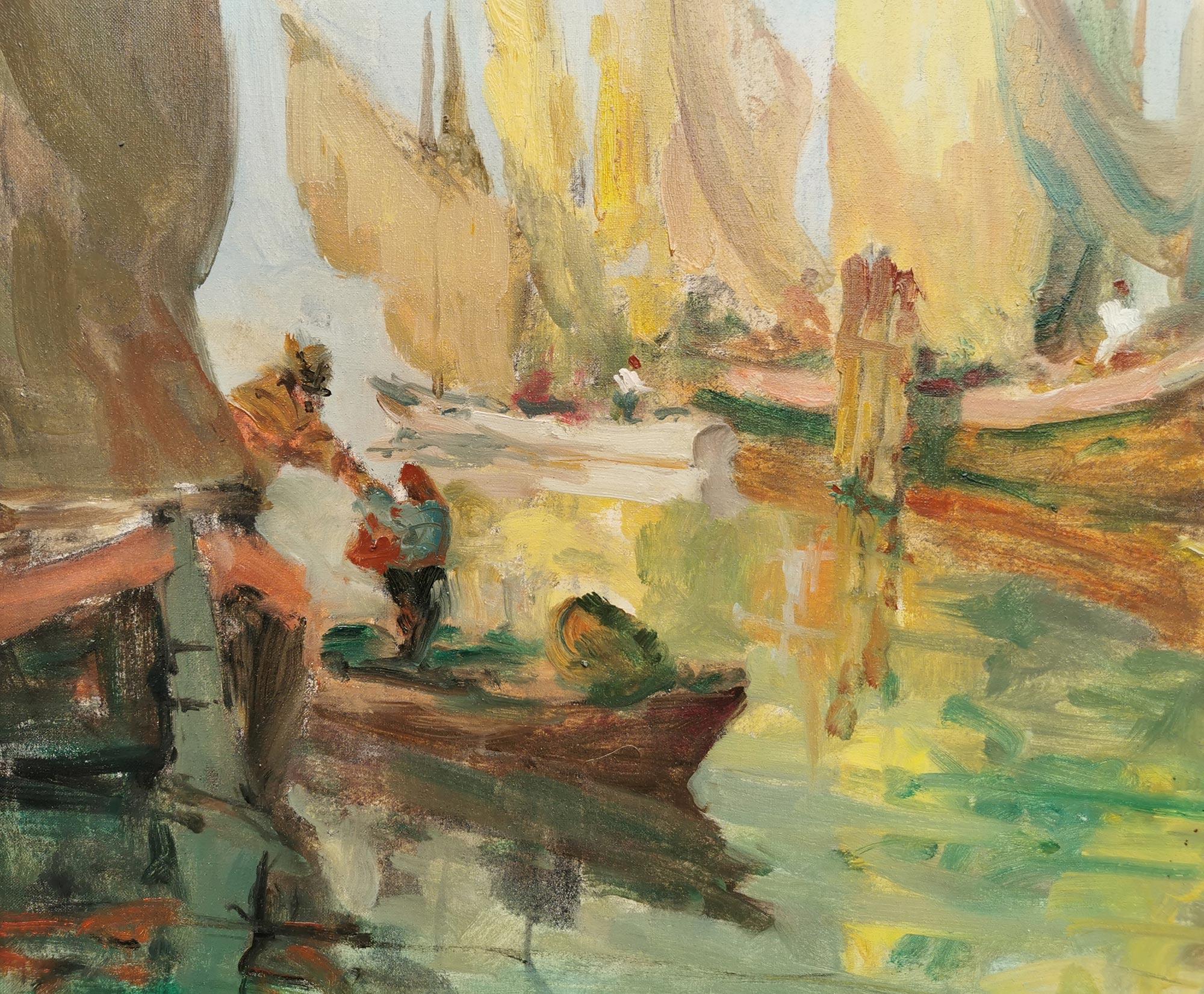 Boats in Venice Lagoon - Gianfranco Baldin

Measures: 50 x 70 cm - frame not included
60 c 80 cm - frame included
oil on canvas - 1950s

Bragozzi in the lagoon, the typical two-masted fishing boats of the upper Adriatic. In the nineteenth and