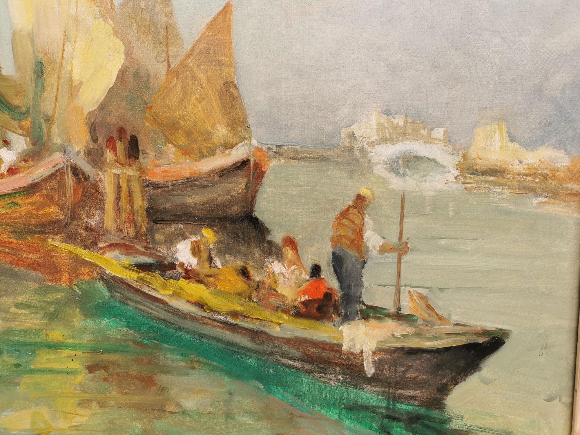 Italian Venice Boats Painting, Italy 1950