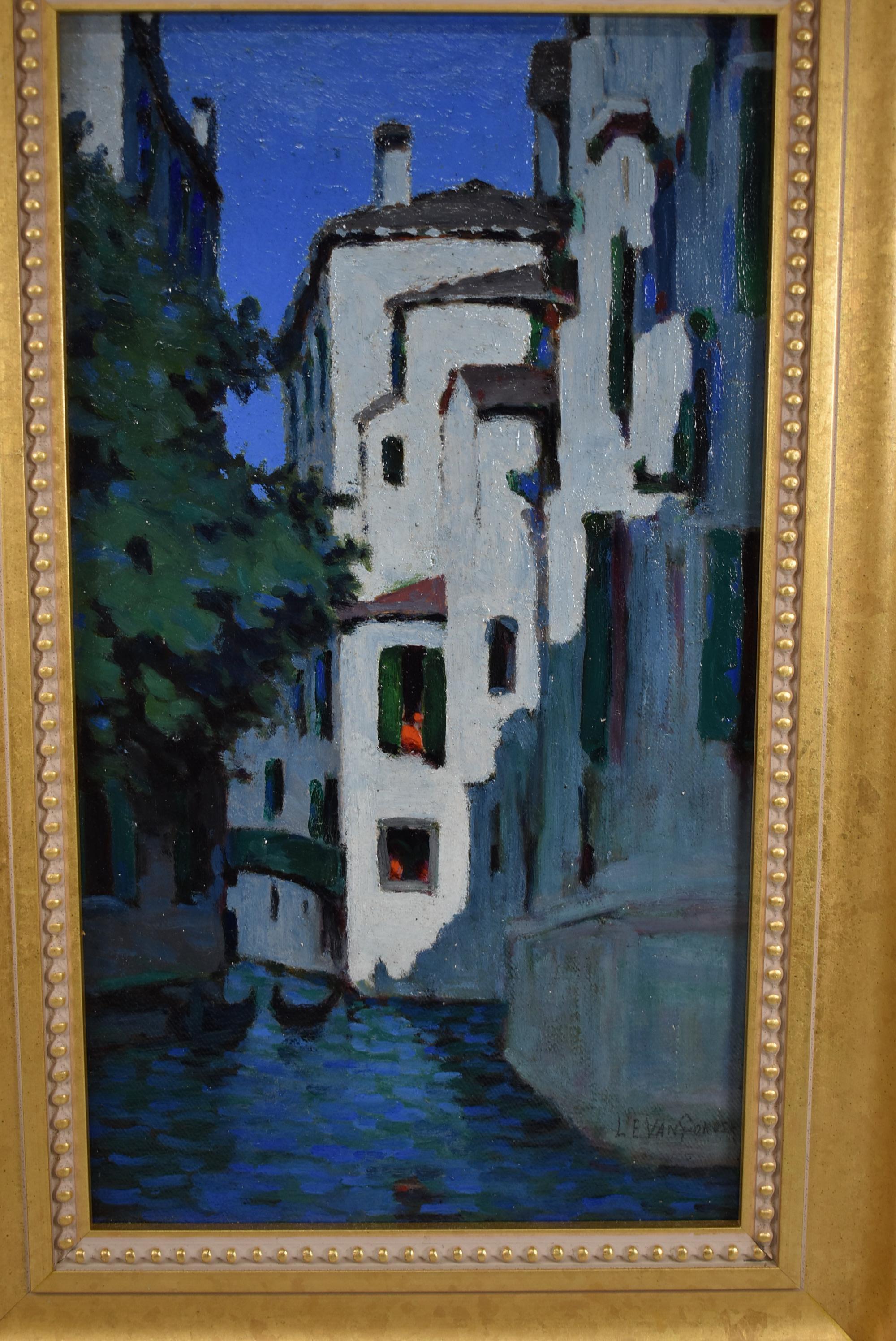 Scène du canal de Venise au crépuscule, huile sur panneau d'artiste par Luther Van Gorder. Signé en bas à droite L E Van Gorder. Très bon état. Dimensions : 1.25