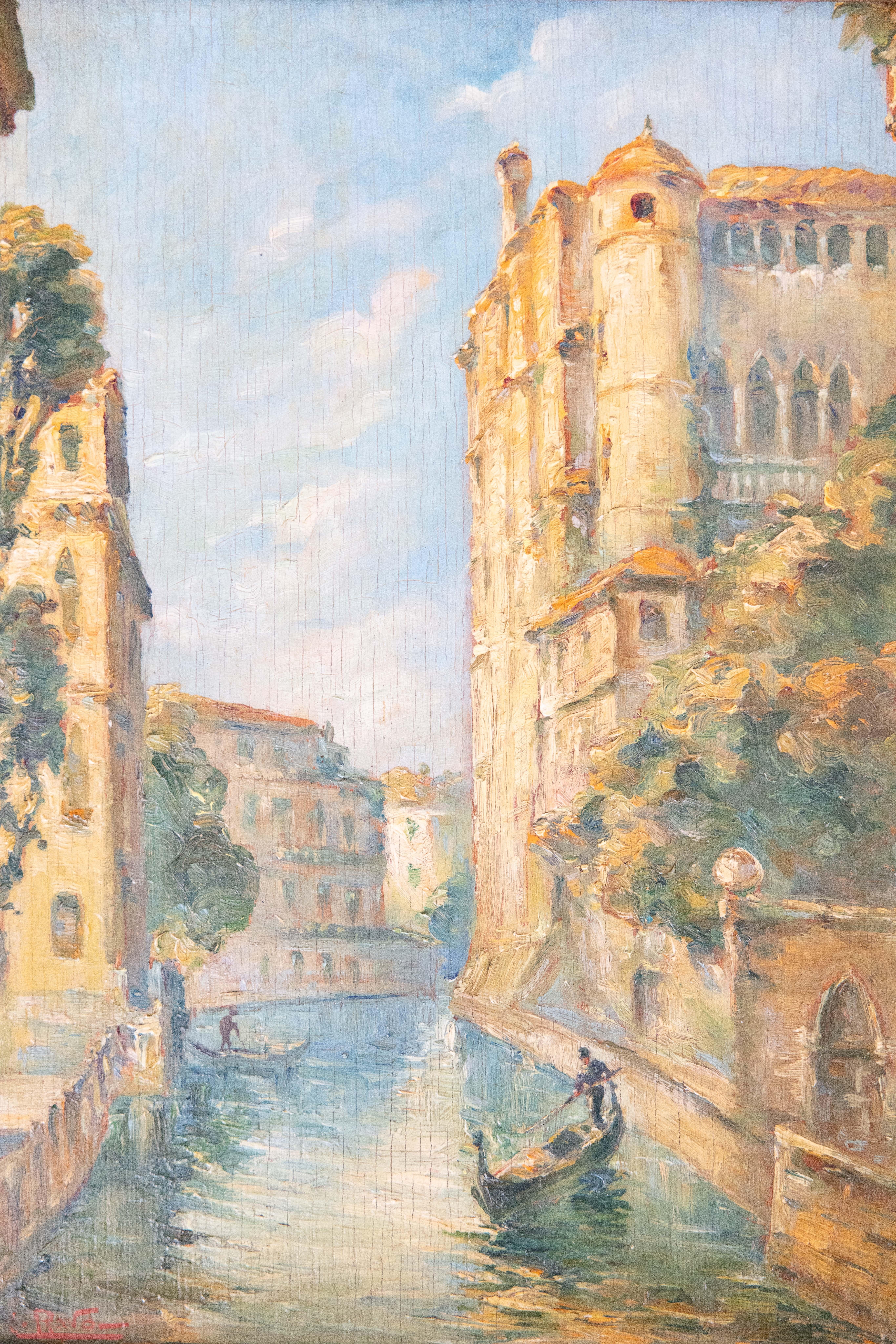 Venedig-Kanäle Italienische Landschaftsgemälde, Öl auf Karton, datiert 1932, 2er-Set (Mitte des 20. Jahrhunderts) im Angebot
