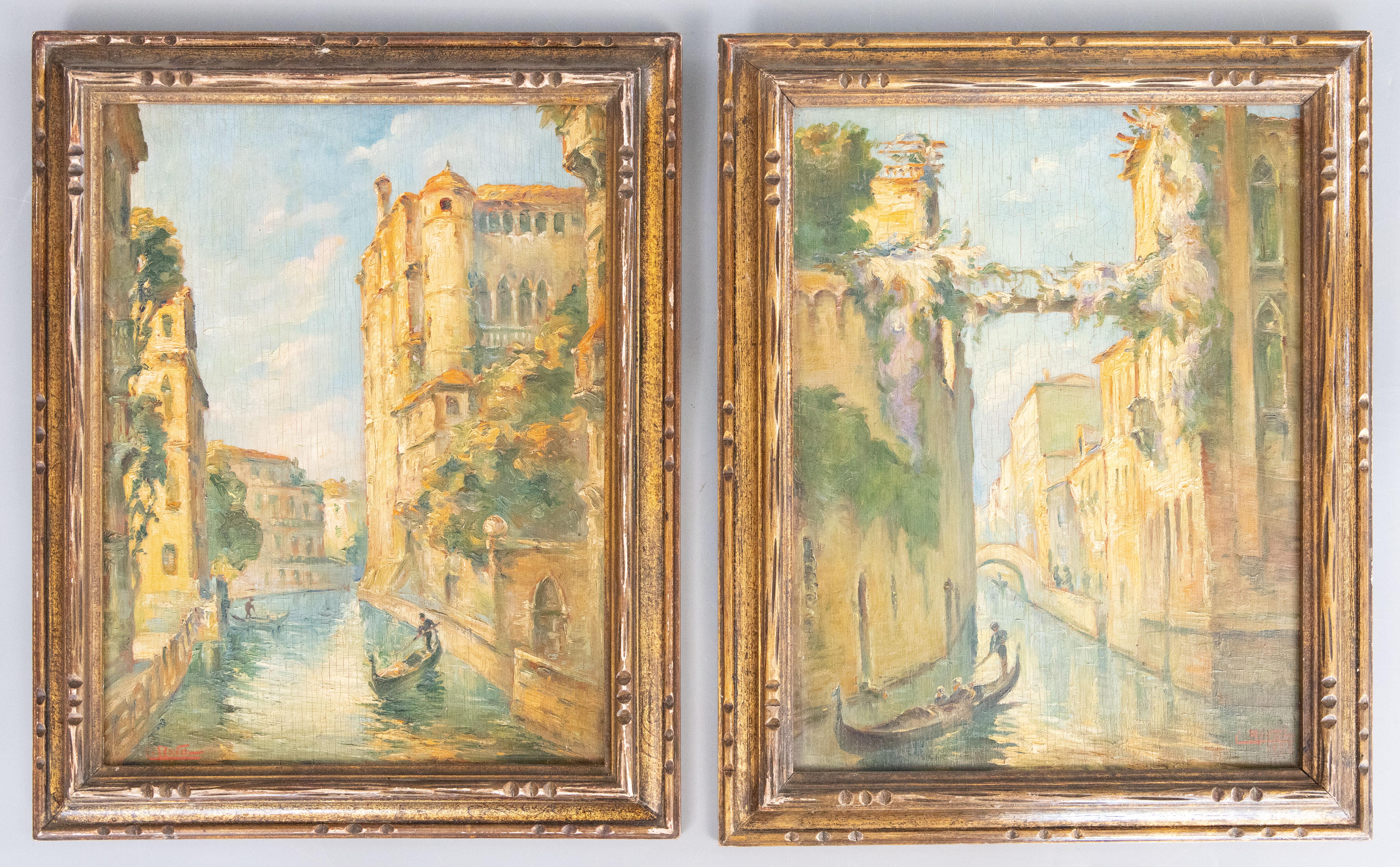 Venedig-Kanäle Italienische Landschaftsgemälde, Öl auf Karton, datiert 1932, 2er-Set im Angebot 3