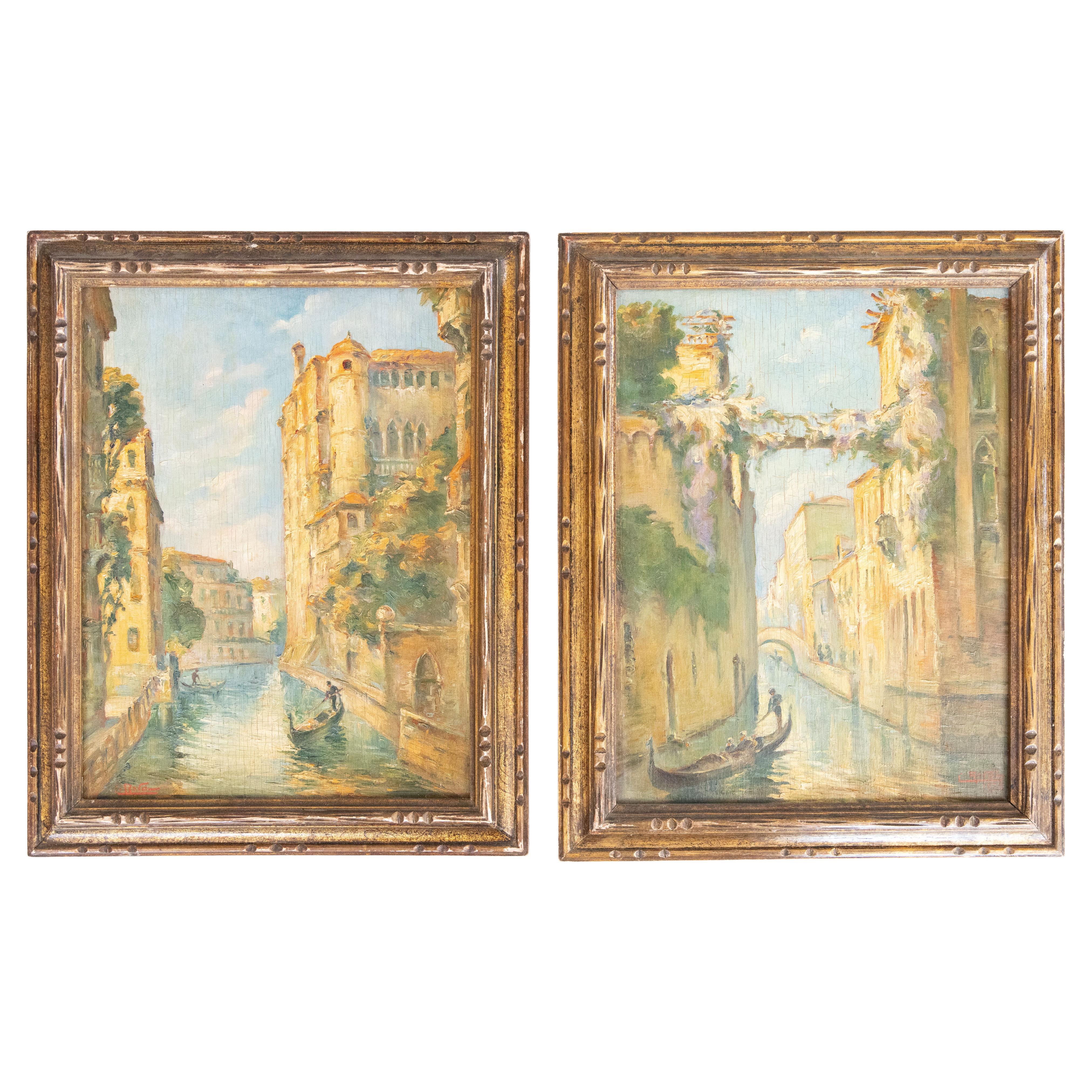 Venedig-Kanäle Italienische Landschaftsgemälde, Öl auf Karton, datiert 1932, 2er-Set