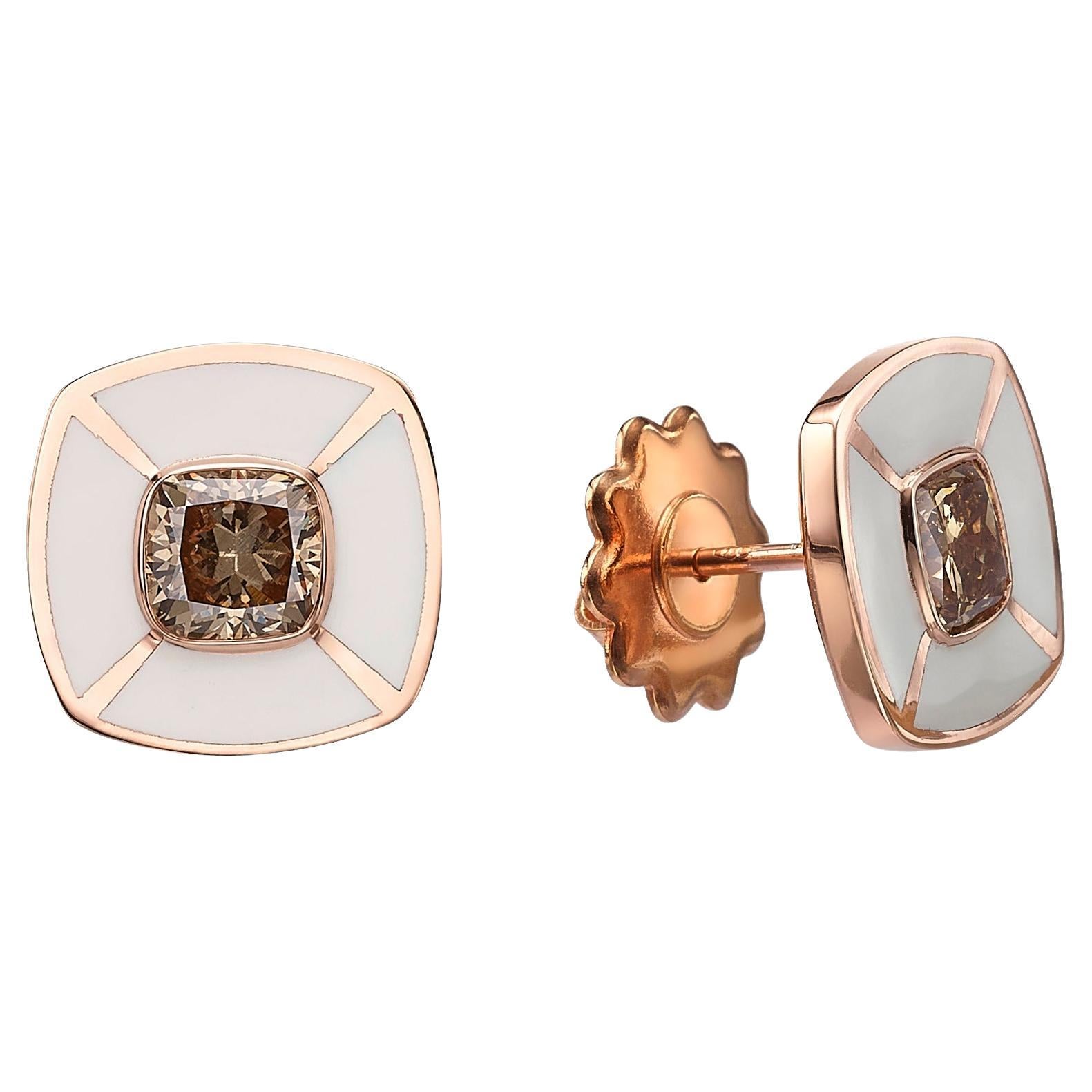 Collection Venise : Clous d'oreilles en or rose 18 carats et diamants avec émail blanc