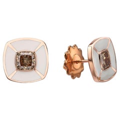Antique Venice Collection: 18k Rose Gold Stud diamond Earrings with White Enamel