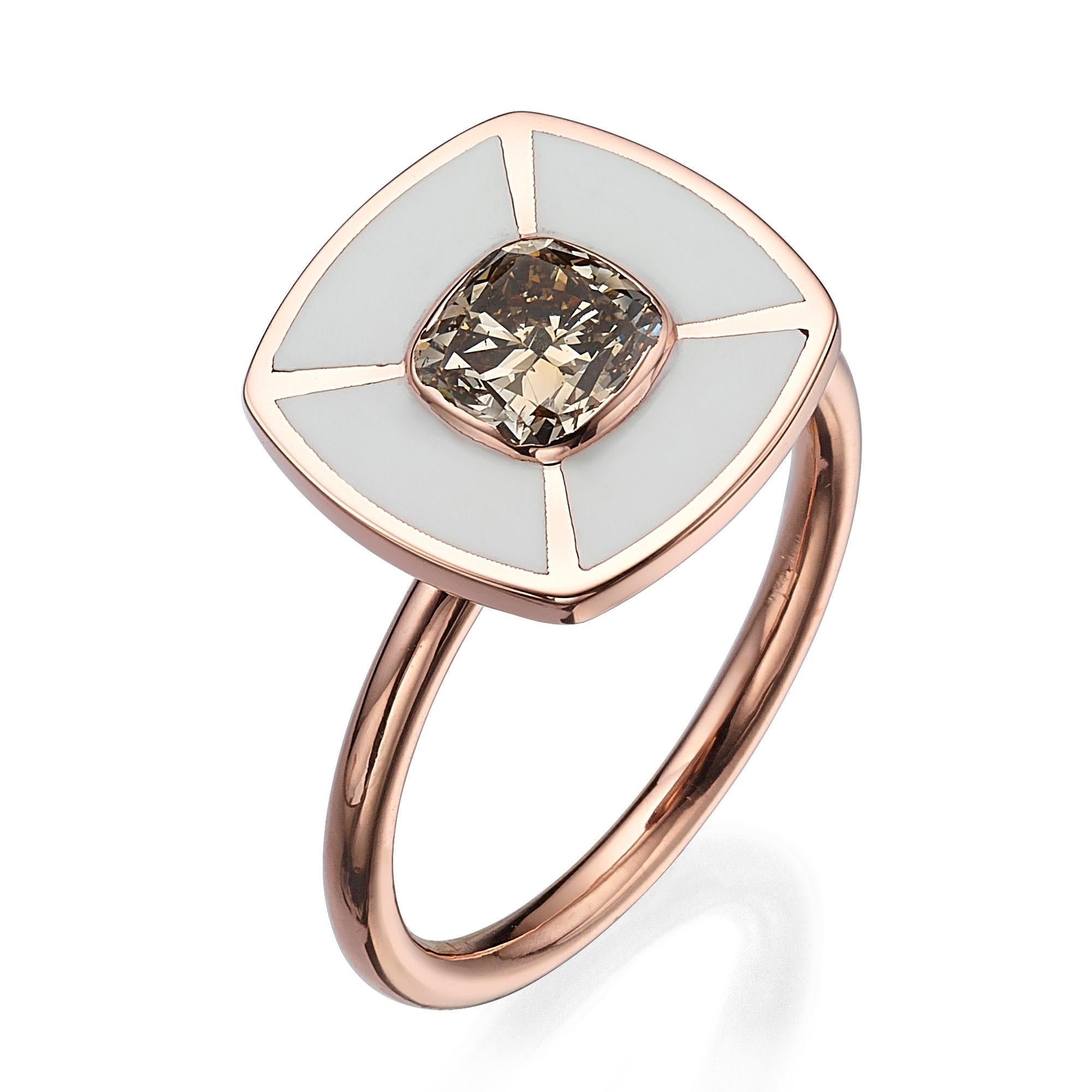 SKU# 4006134

Introducing an exquisite piece of jewelry that will captivate your heart - an 18k Cushion-Shaped Rose Gold Diamond Ring with White Enamel. This stunning ring features a mesmerizing cushion-cut Champagne diamond as its center stone,