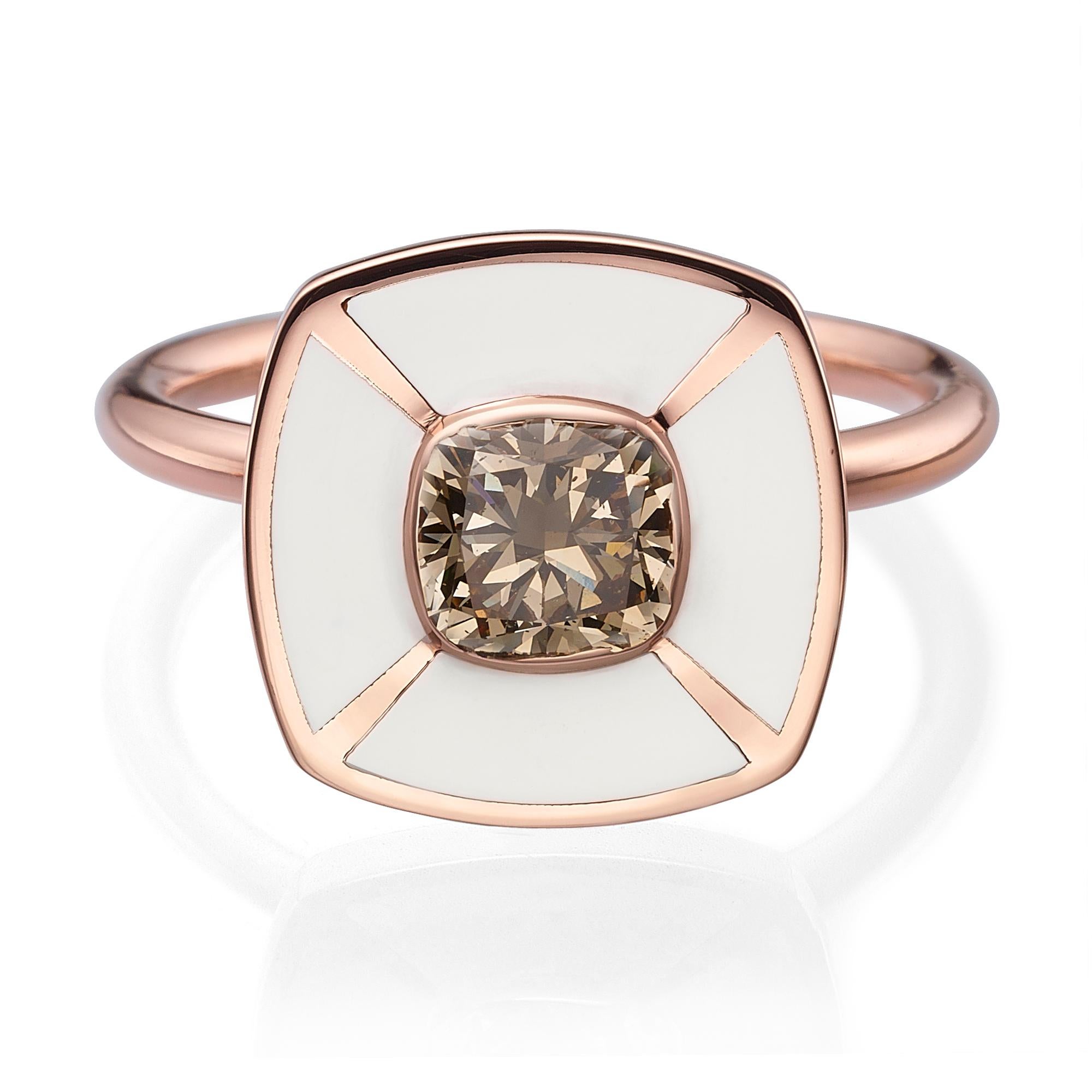 Baroque Venice Collection: Cushion-Shaped 18k Rose Gold Diamond Ring with white Enamel For Sale