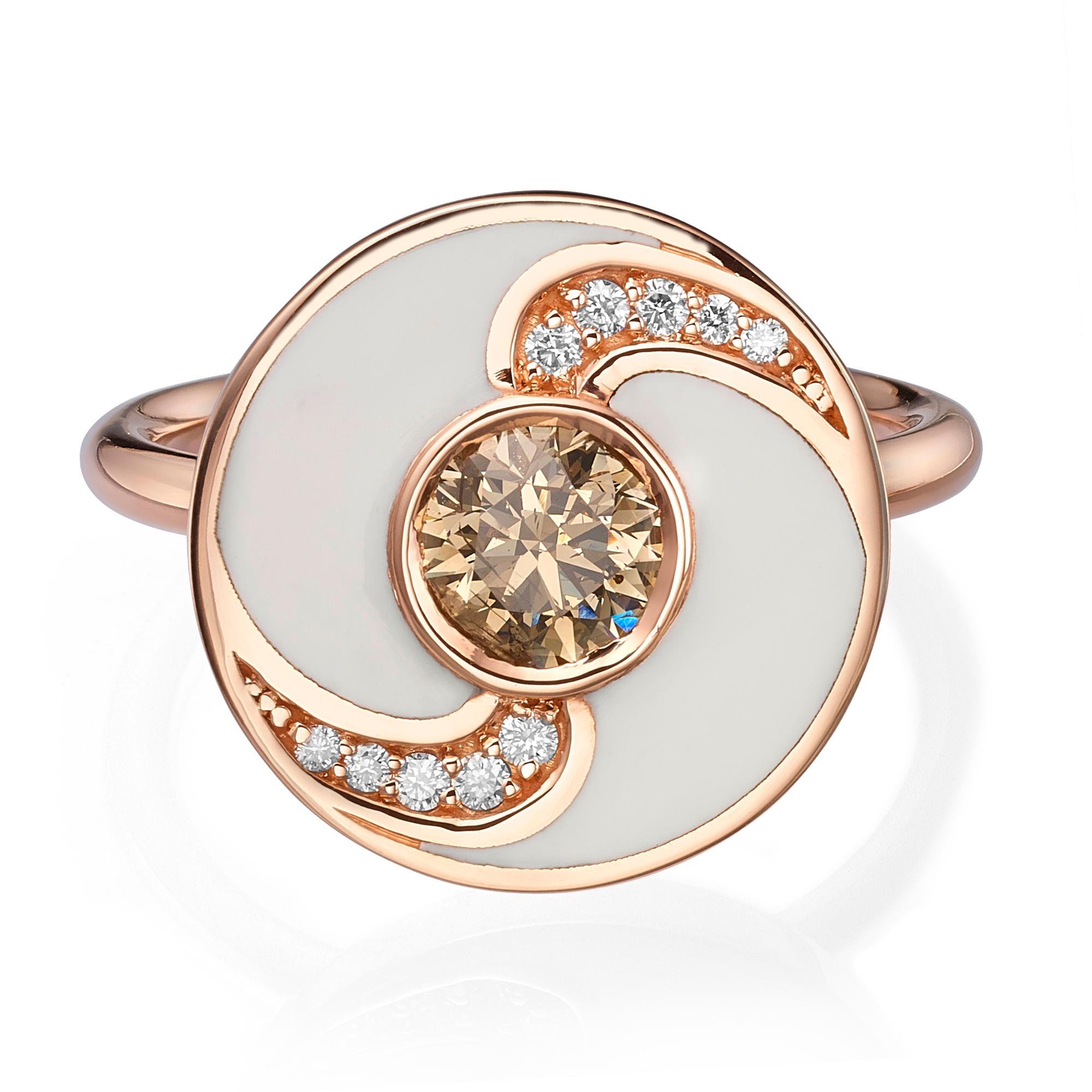 Contemporary Venice Collection: Round Shaped 18k Rose Gold Diamond Ring with White Enamel For Sale