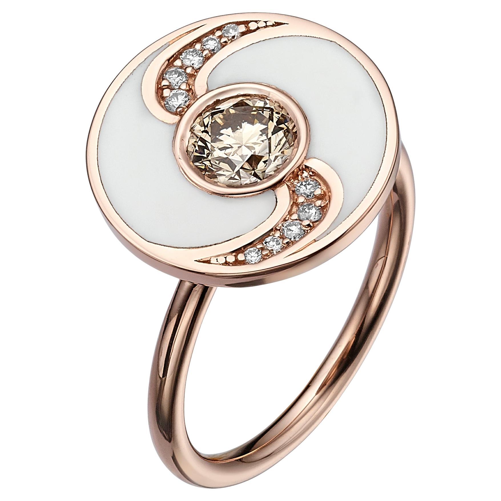 Venice Collection: Round Shaped 18k Rose Gold Diamond Ring with White Enamel For Sale