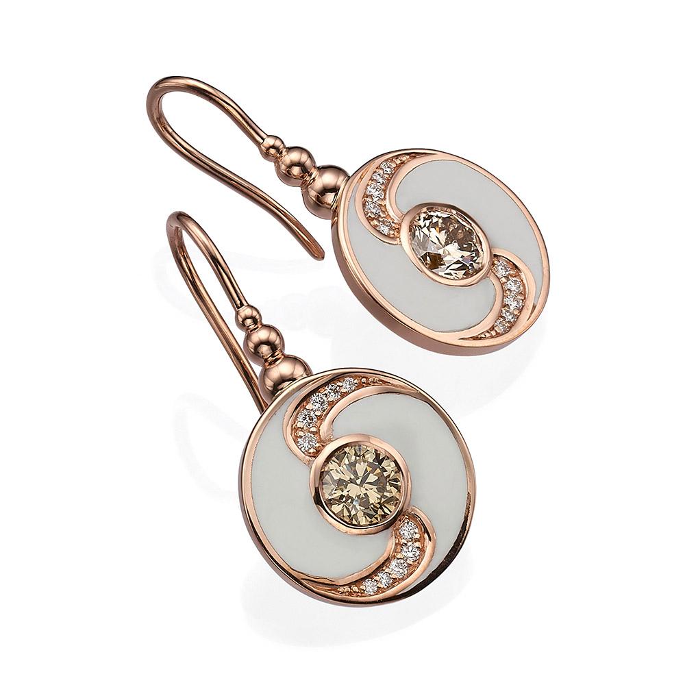Contemporain Collection Venise : Boucles d'oreilles en or rose 18 carats, émail blanc et diamants de forme ronde  en vente
