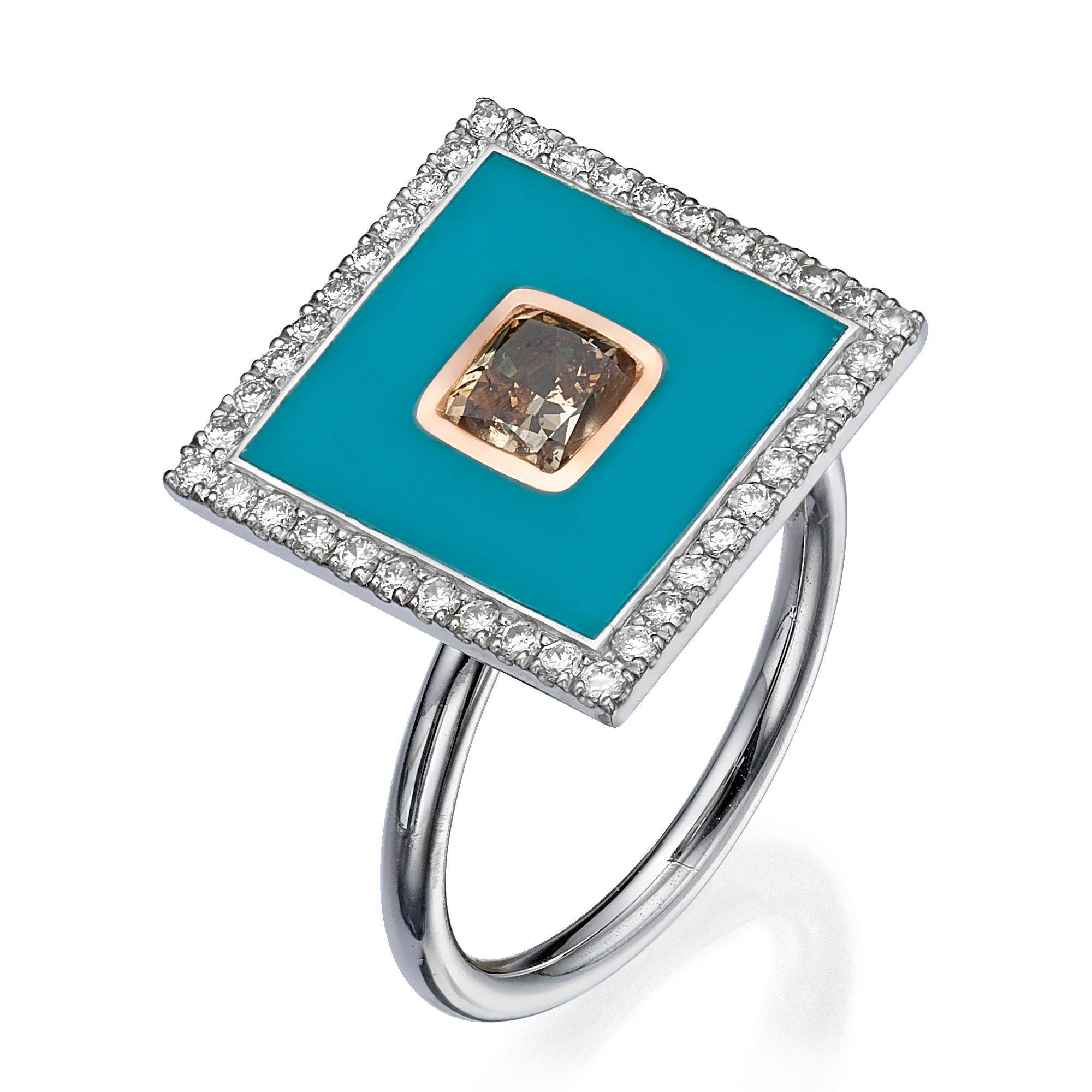 SKU# 4006126

Introducing a square-shaped 18k white and rose gold diamond ring with blue enamel, featuring a dazzling cushion-cut fancy orangy brown center stone framed by lustrous rose gold and white diamonds adorning the square-shaped frame. 

The