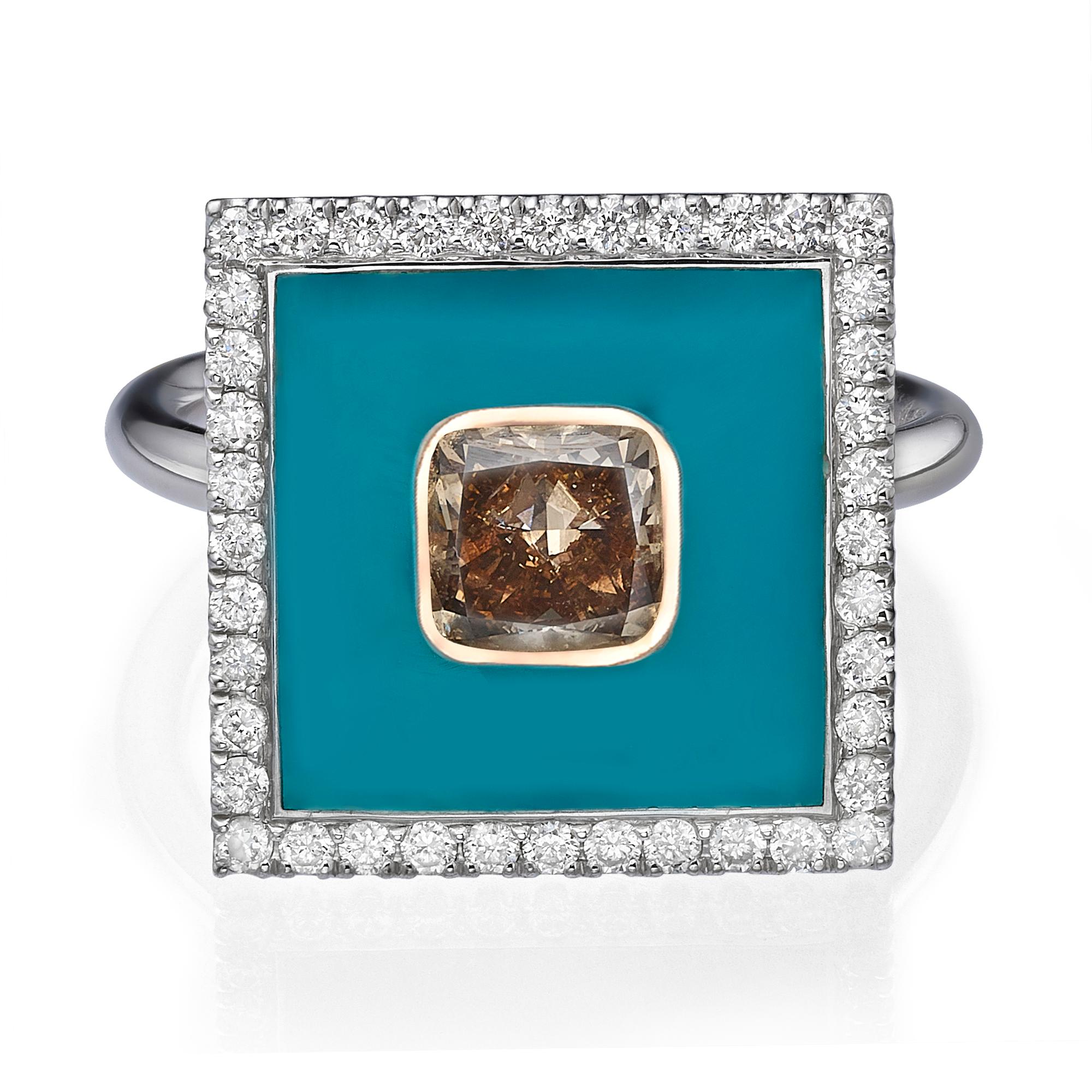 Contemporain Collection Venise : Bague de forme carrée en or blanc 18 carats avec diamants et émail bleu  en vente