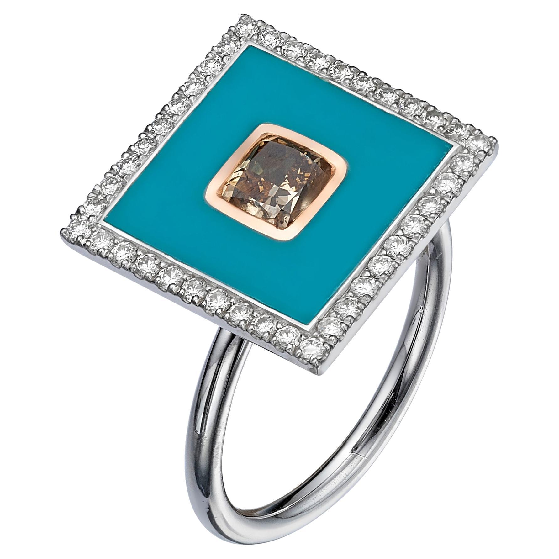 Collection Venise : Bague de forme carrée en or blanc 18 carats avec diamants et émail bleu 