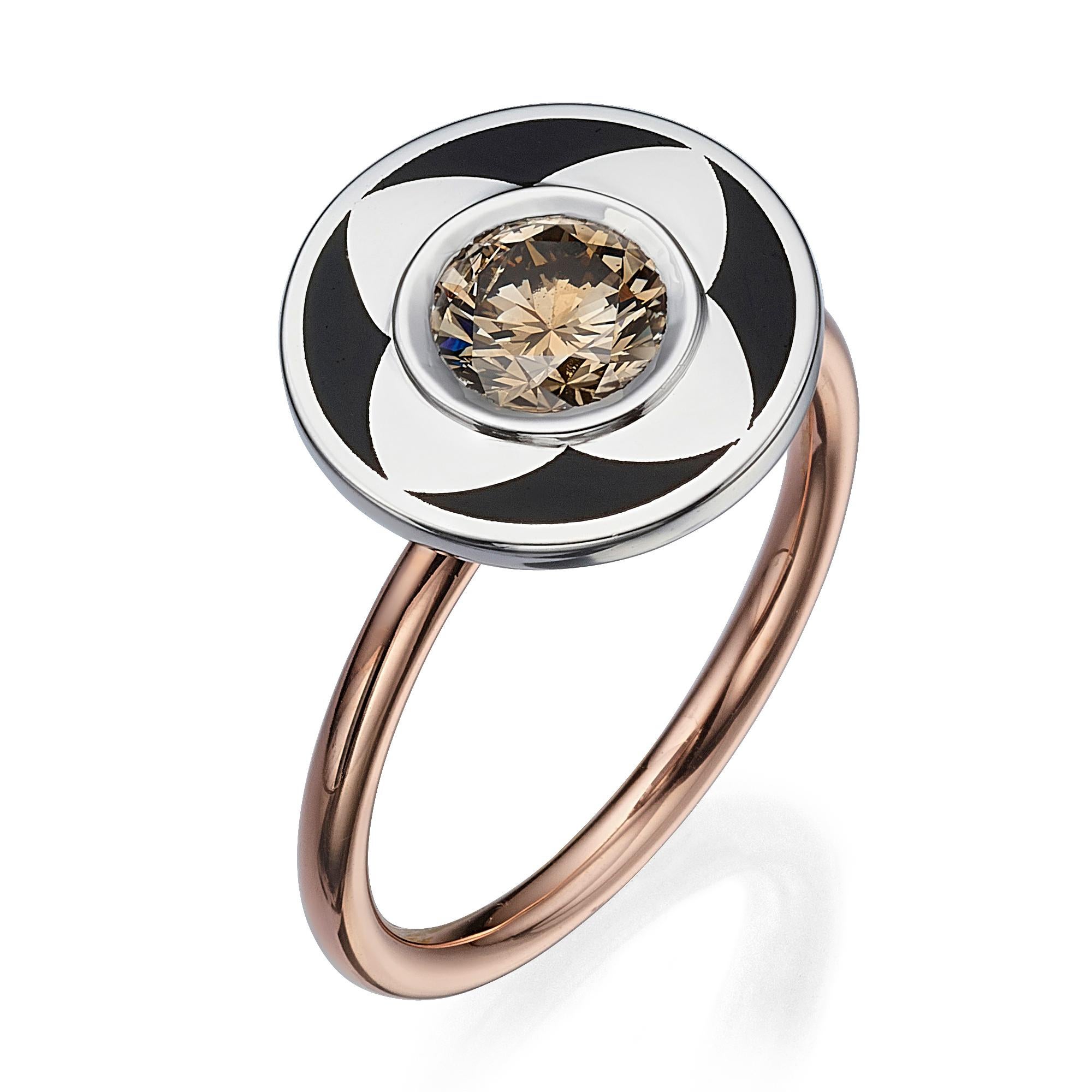 Contemporary Venice Collection: White & Gold Diamond Ring Designed with Black Enamel For Sale