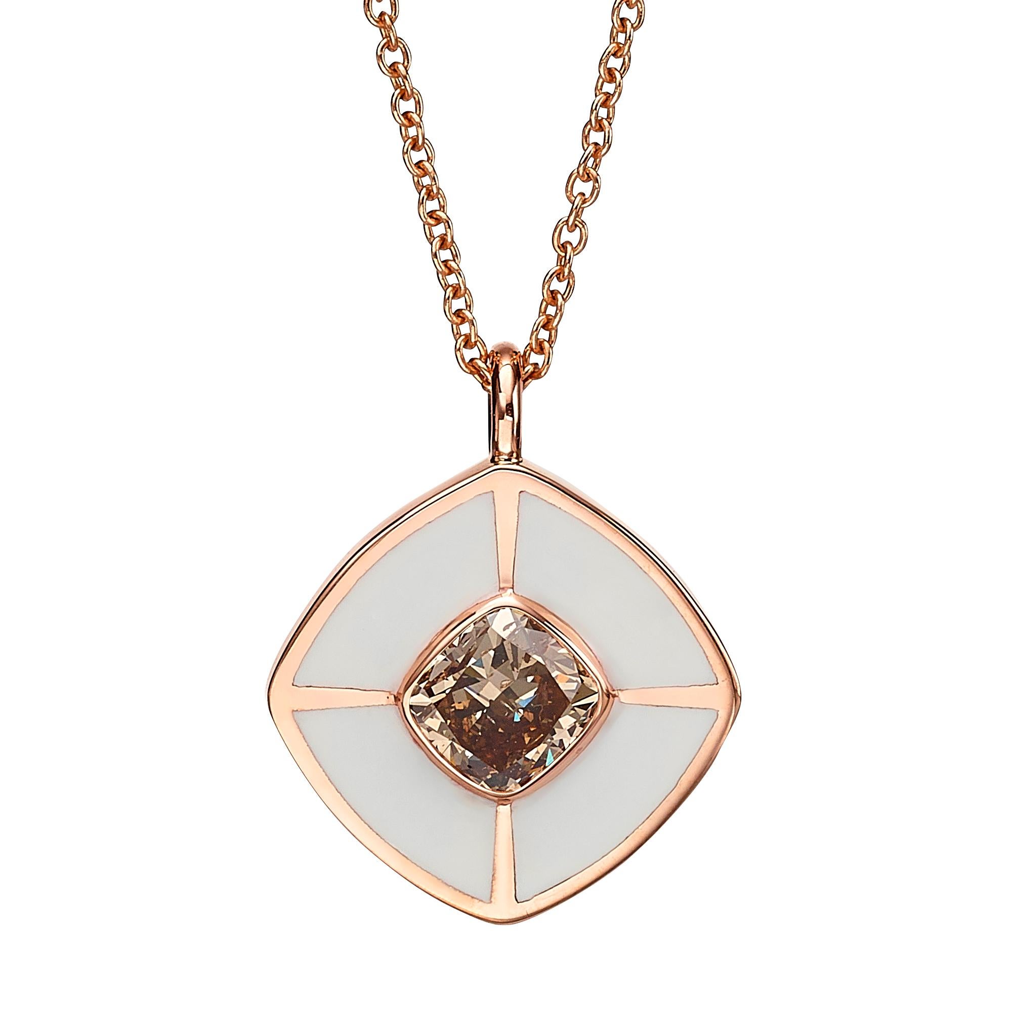 SKU# 4006142

Introducing a Cushion-Cut pendant crafted in luxurious 18K rose gold, adorned with exquisite white enamel and featuring a 1.01 carat champagne color cushion cut diamond. This stunning pendant exudes elegance and sophistication, perfect
