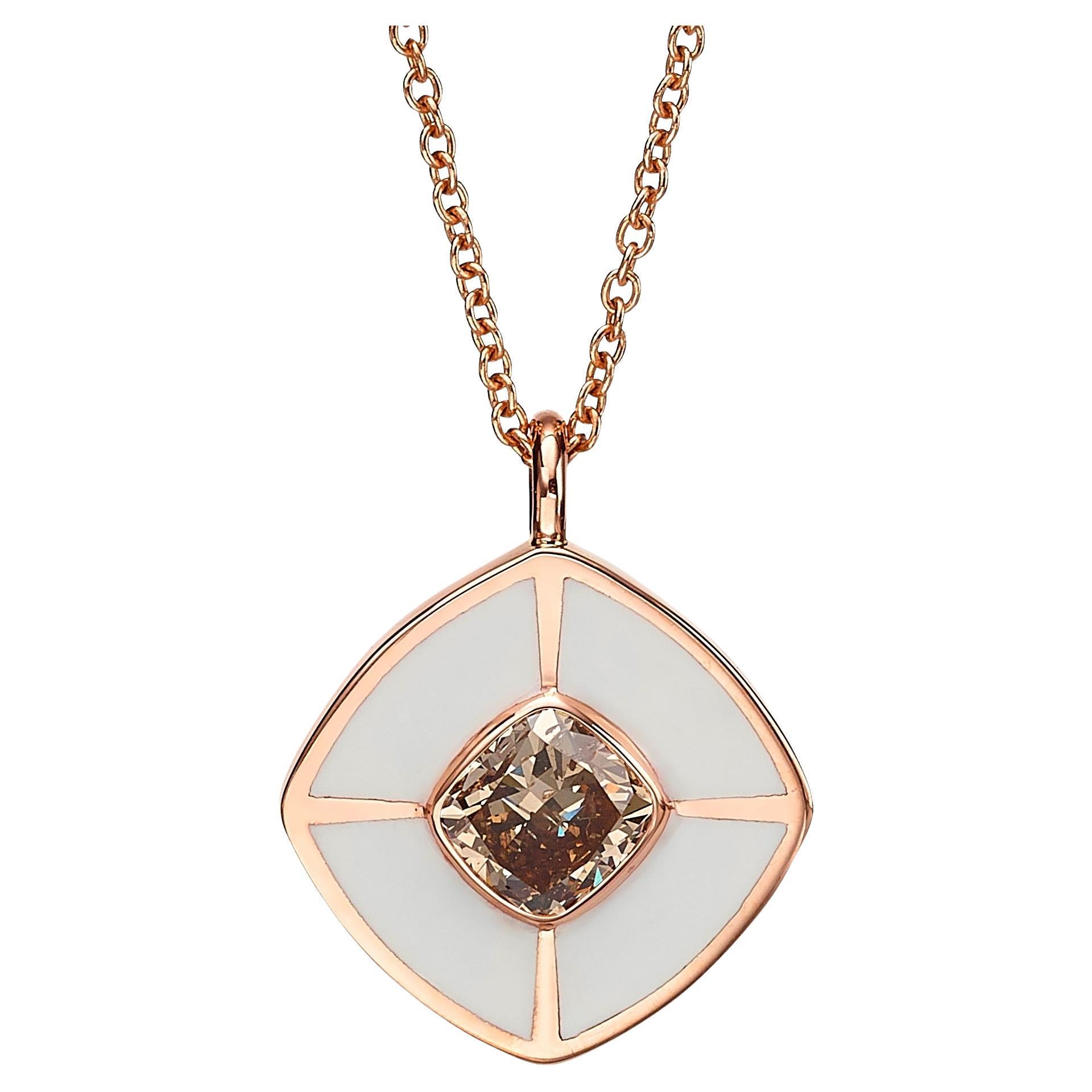 Venice Collection:Cushion-Shaped 18k Rose Gold Diamond Pendant with white Enamel For Sale