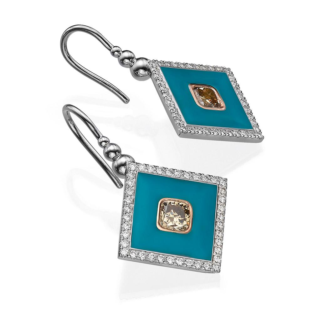 Contemporain Collection Venise : Boucles d'oreilles en or blanc 18 carats en forme de carré avec diamants et émail bleu en vente