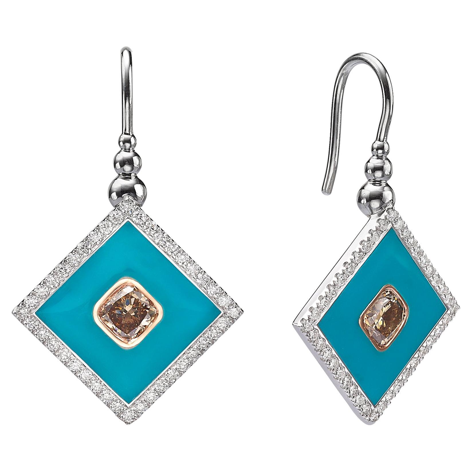 Collection Venise : Boucles d'oreilles en or blanc 18 carats en forme de carré avec diamants et émail bleu