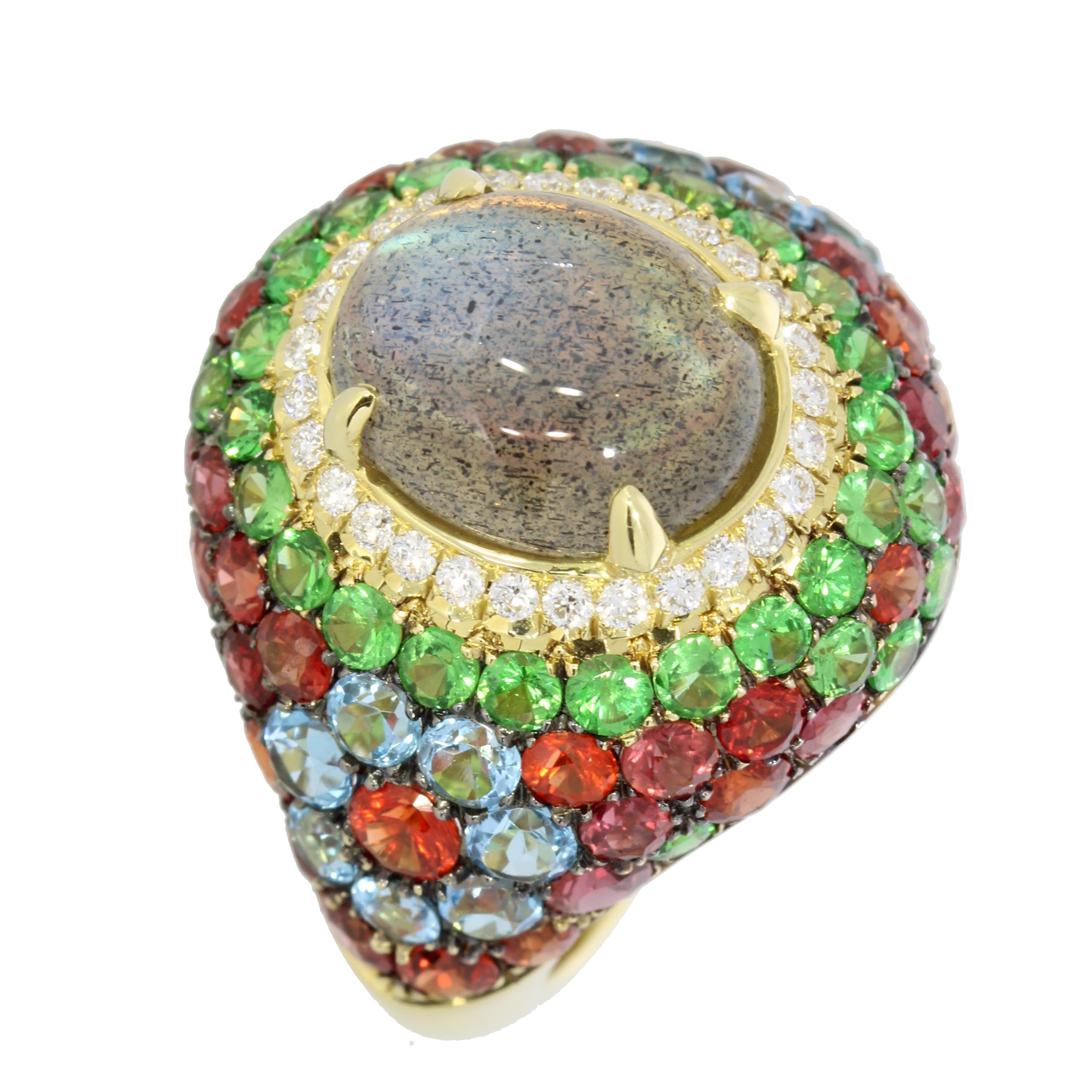Cabochon Venice Columbina 18 Karat Yellow Gold Labradorite and Diamonds Cocktail Ring For Sale