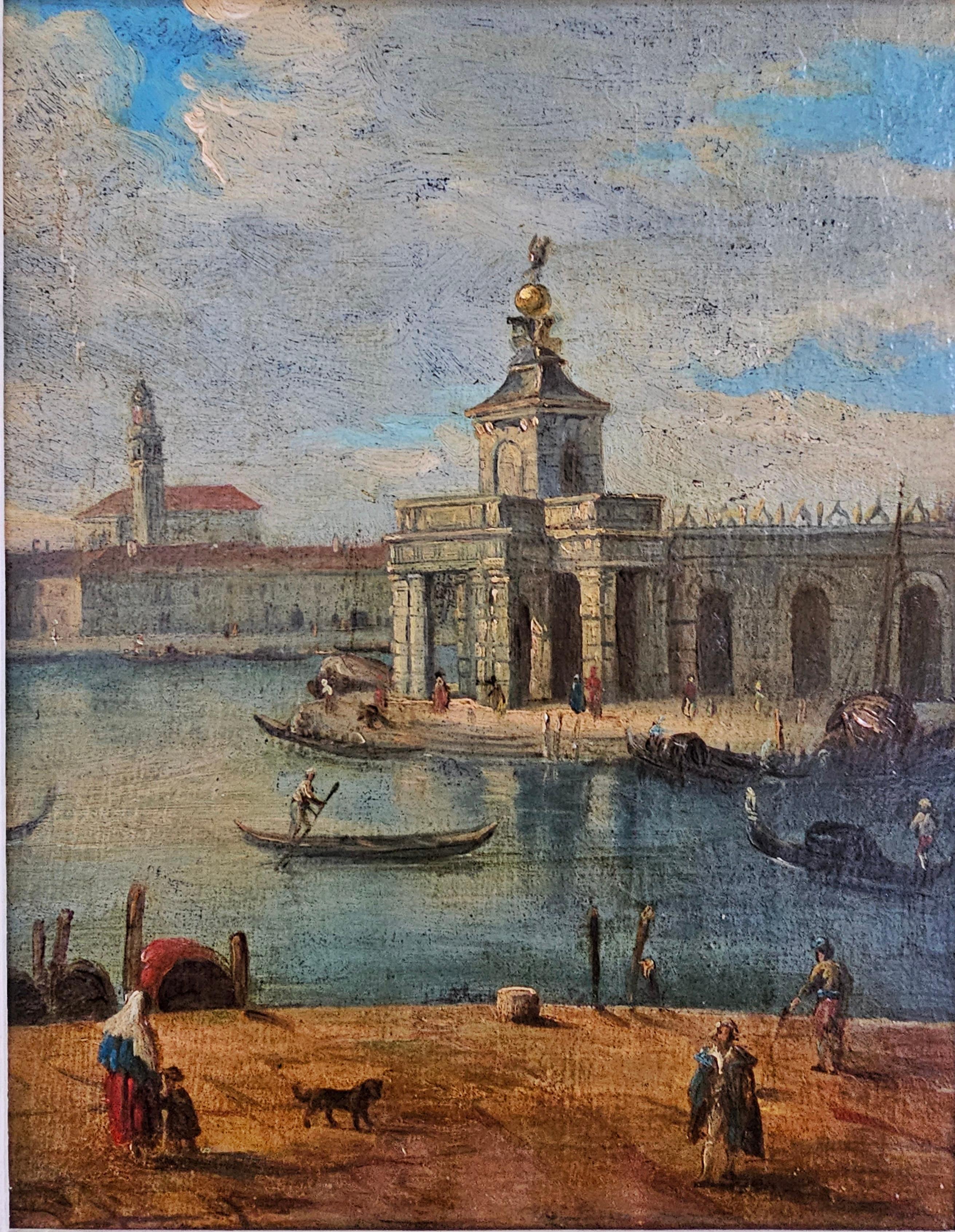 In this listing you will find a painting done in style of Francesco Guardi Guardi. The painting depicts Dogana da Mar, located in Punta della Dogana - the triangular area of Venice, Italy, where the Grand Canal meets the Giudecca Canal, and its