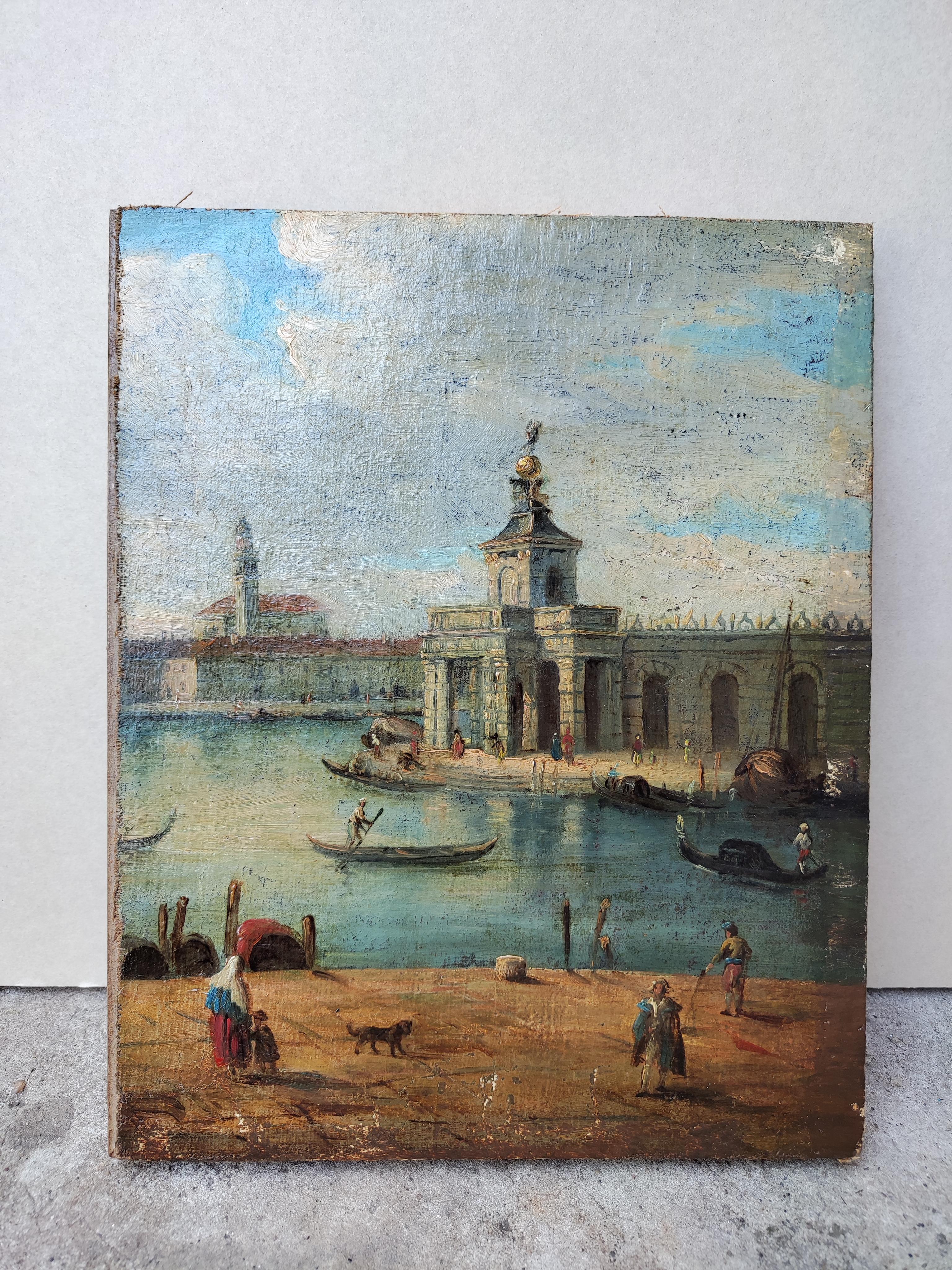Italiano Venezia Dogana, Olio su tela, Venetian School, nello stile di Francesco Guardi in vendita