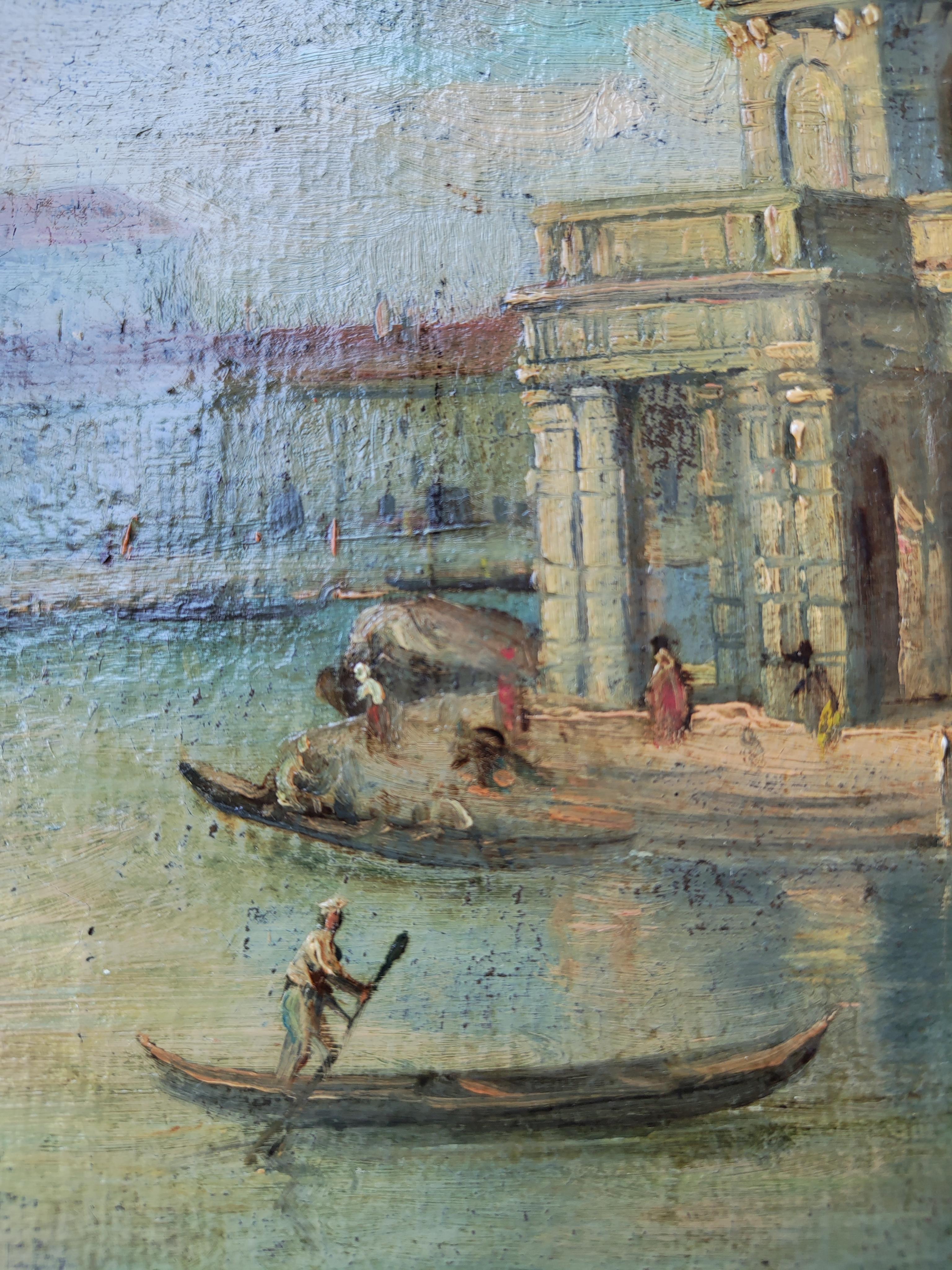 Inizio XIX secolo Venezia Dogana, Olio su tela, Venetian School, nello stile di Francesco Guardi in vendita