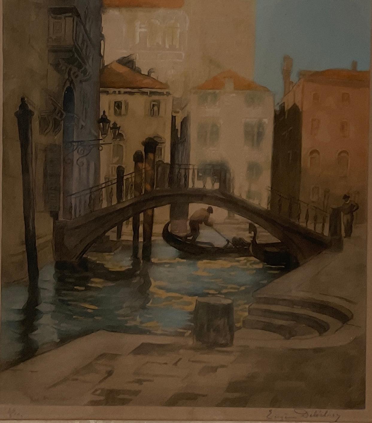 French Venice Italy Canal Scene, Original Lithograph by Eugène Delécluse