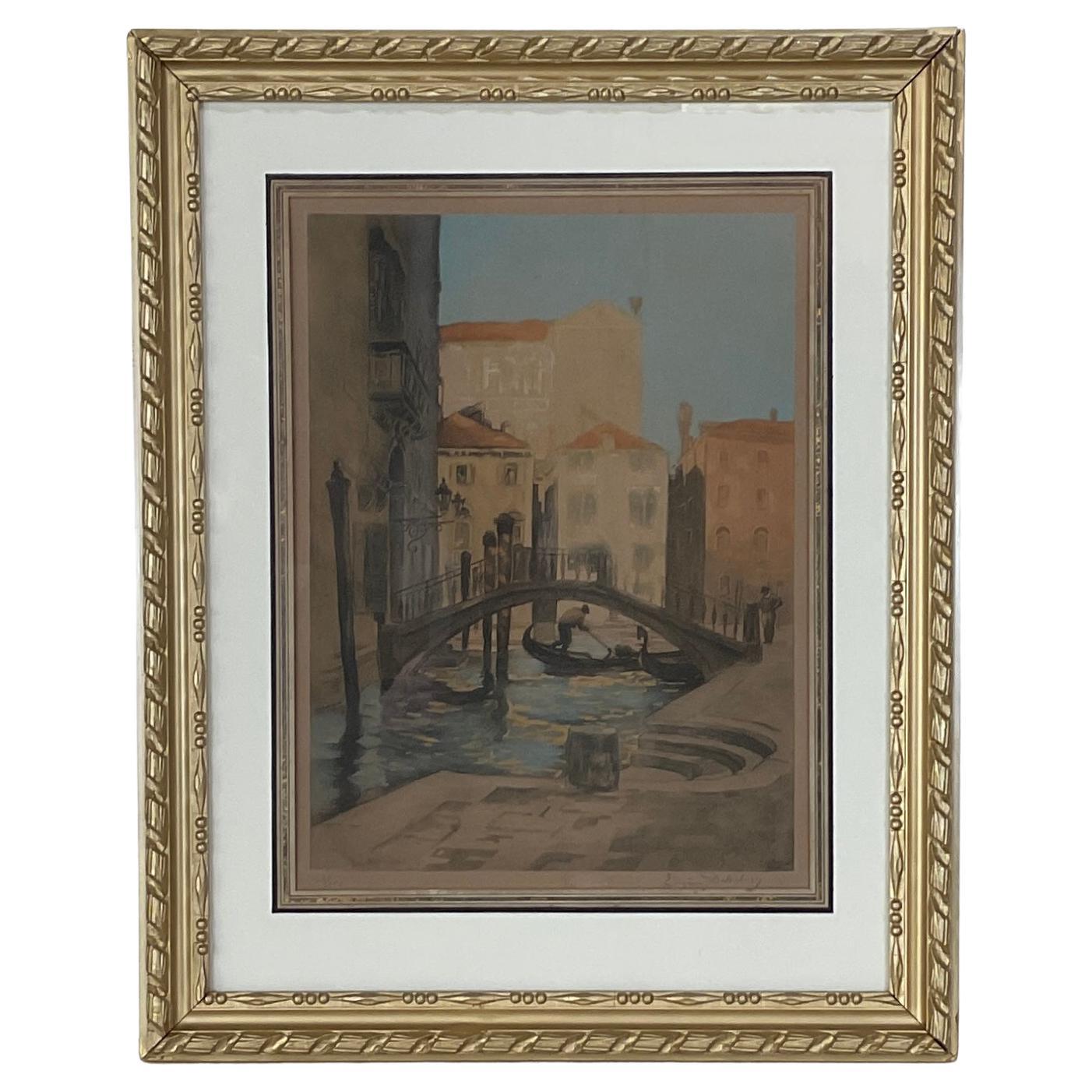 Venice Italy Canal Scene, Original Lithograph by Eugène Delécluse
