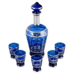 Vintage Venice, Italy. Liqueur set in blue glass: decanter and five cups. Mid-20th C.