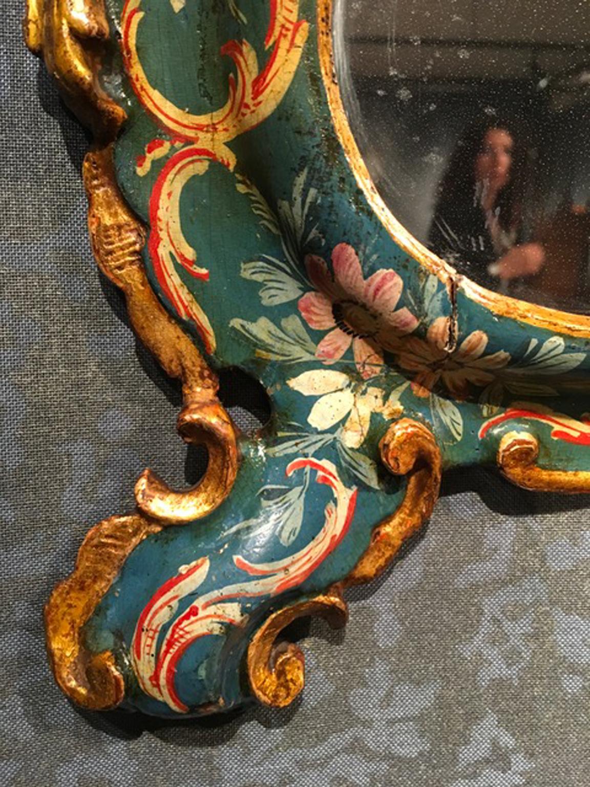 Venice Italy Mid-18th Century Green Lacquered Mirror Golden Edge Mercury Mirror 2