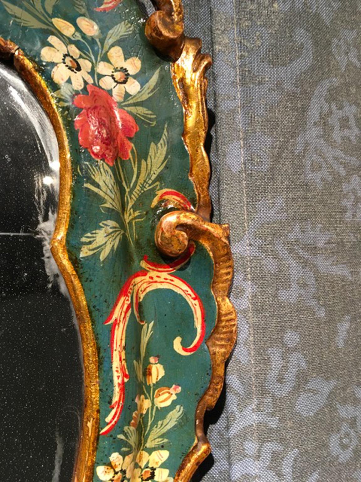 Venice Italy Mid-18th Century Green Lacquered Mirror Golden Edge Mercury Mirror For Sale 5