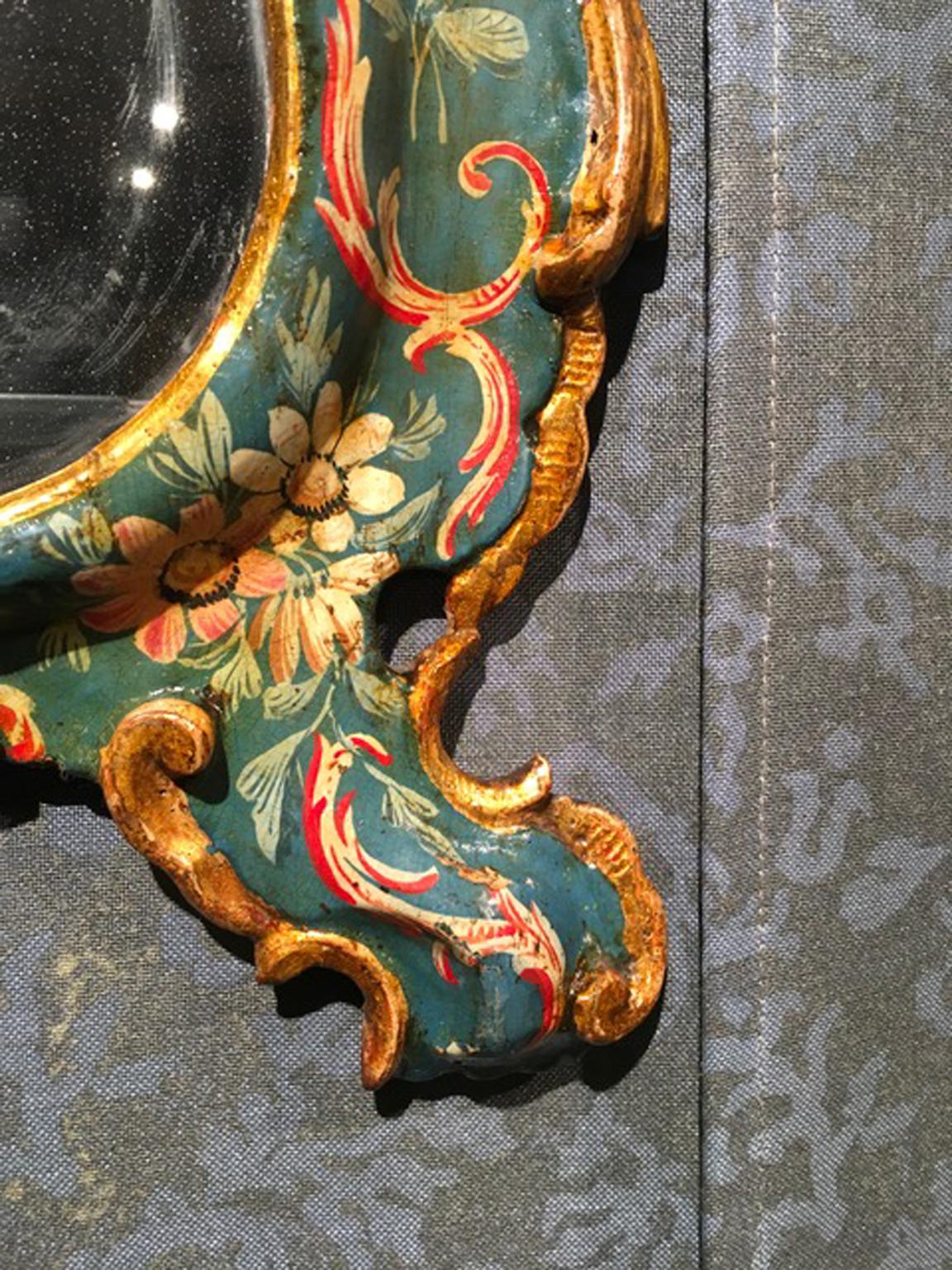Venice Italy Mid-18th Century Green Lacquered Mirror Golden Edge Mercury Mirror For Sale 8