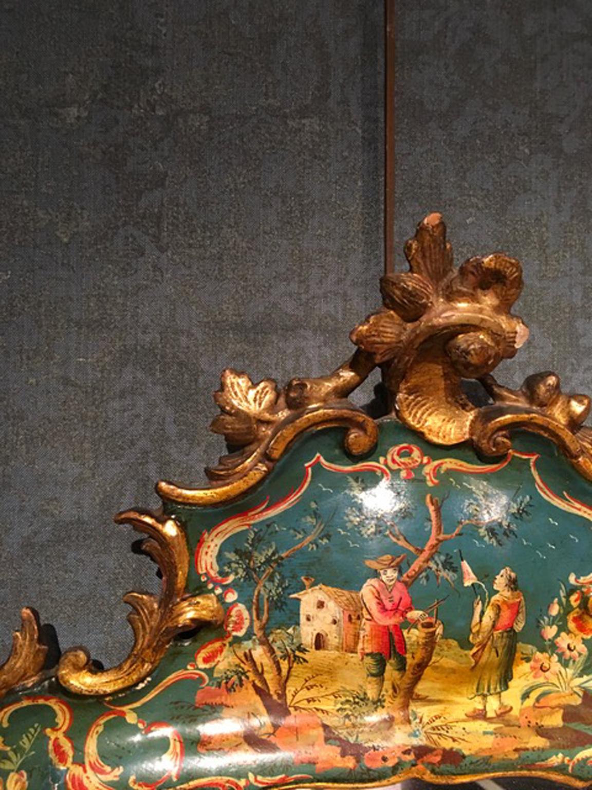 Baroque Venice Italy Mid-18th Century Green Lacquered Mirror Golden Edge Mercury Mirror For Sale
