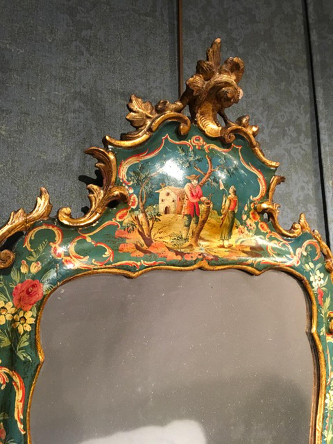Italian Venice Italy Mid-18th Century Green Lacquered Mirror Golden Edge Mercury Mirror