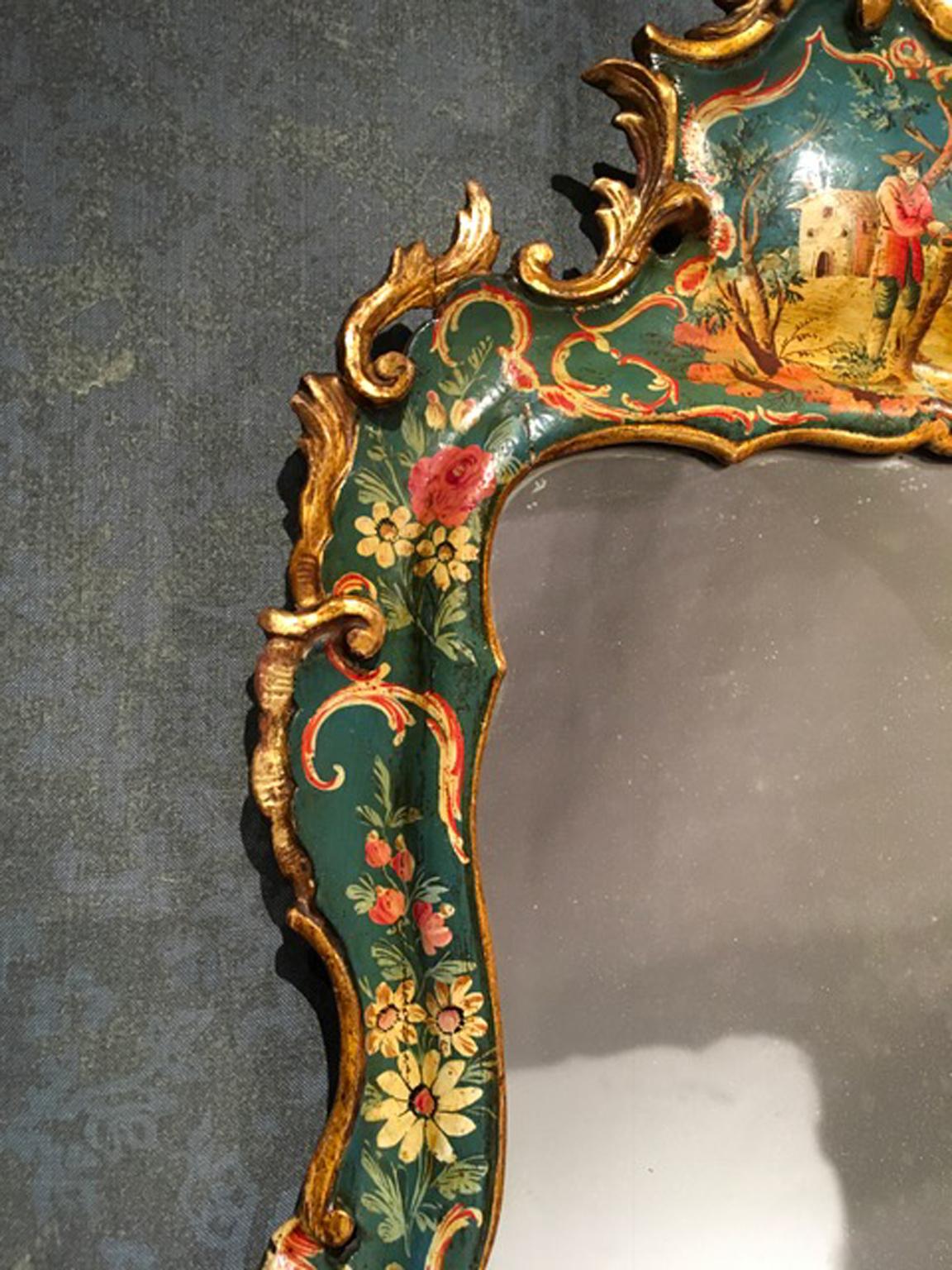 Hand-Carved Venice Italy Mid-18th Century Green Lacquered Mirror Golden Edge Mercury Mirror For Sale