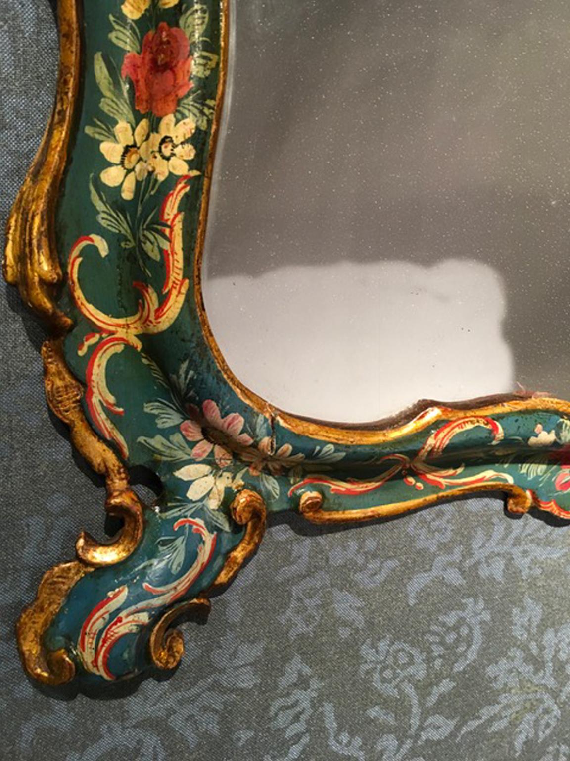 Mercury Glass Venice Italy Mid-18th Century Green Lacquered Mirror Golden Edge Mercury Mirror