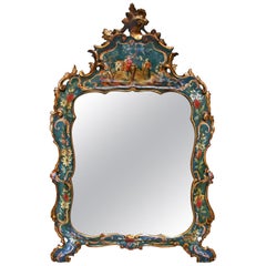 Antique Venice Italy Mid-18th Century Green Lacquered Mirror Golden Edge Mercury Mirror