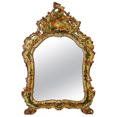Antique Venice Italy Mid-18th Century Light Green Lacquered Mirror with Mercury Glass