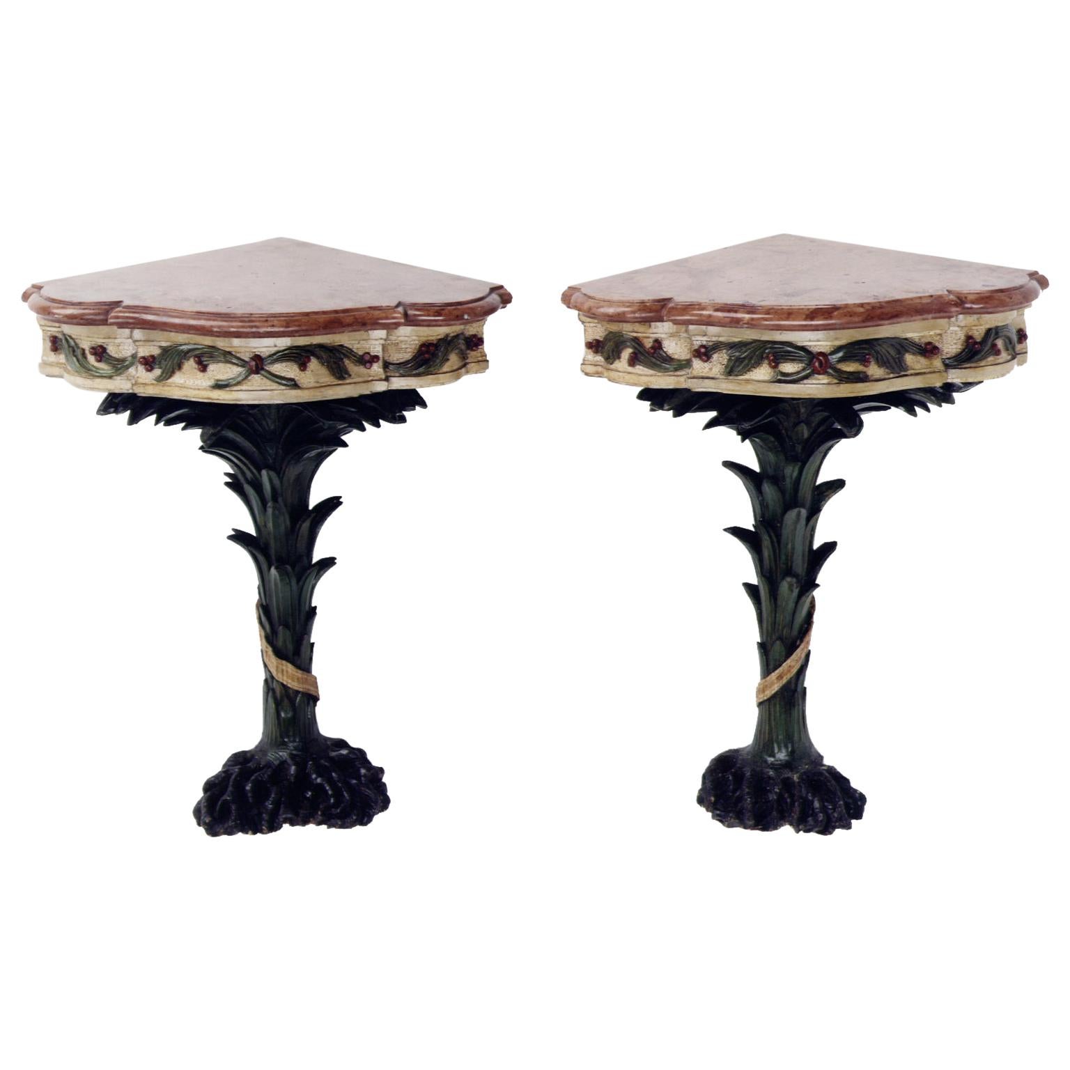 Venice Italy Mid-18th Century Pair of Corner Console Lacquered Wood Red Marble For Sale