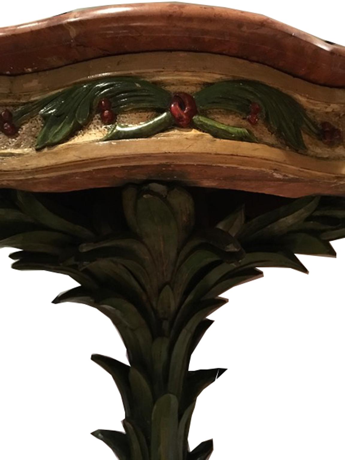 Baroque Venice Italy Mid-18th Century Pair of Corner Console Lacquered Wood Red Marble For Sale