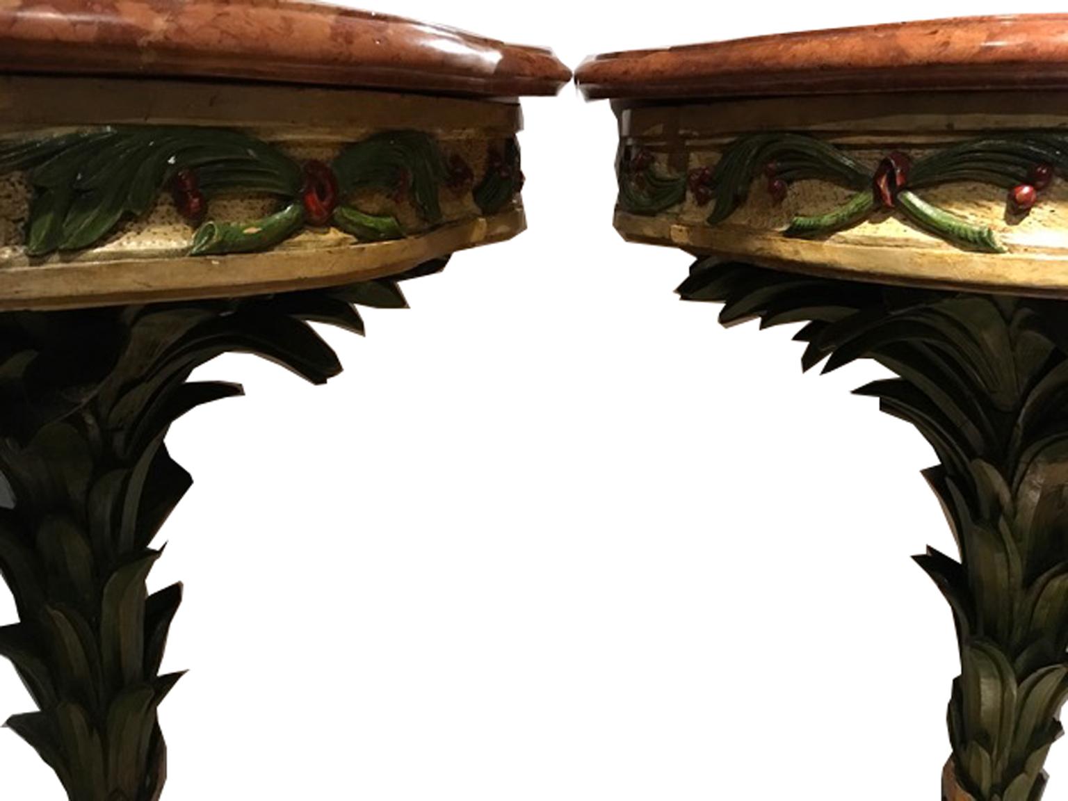 Venice Italy Mid-18th Century Pair of Corner Console Lacquered Wood Red Marble For Sale 2