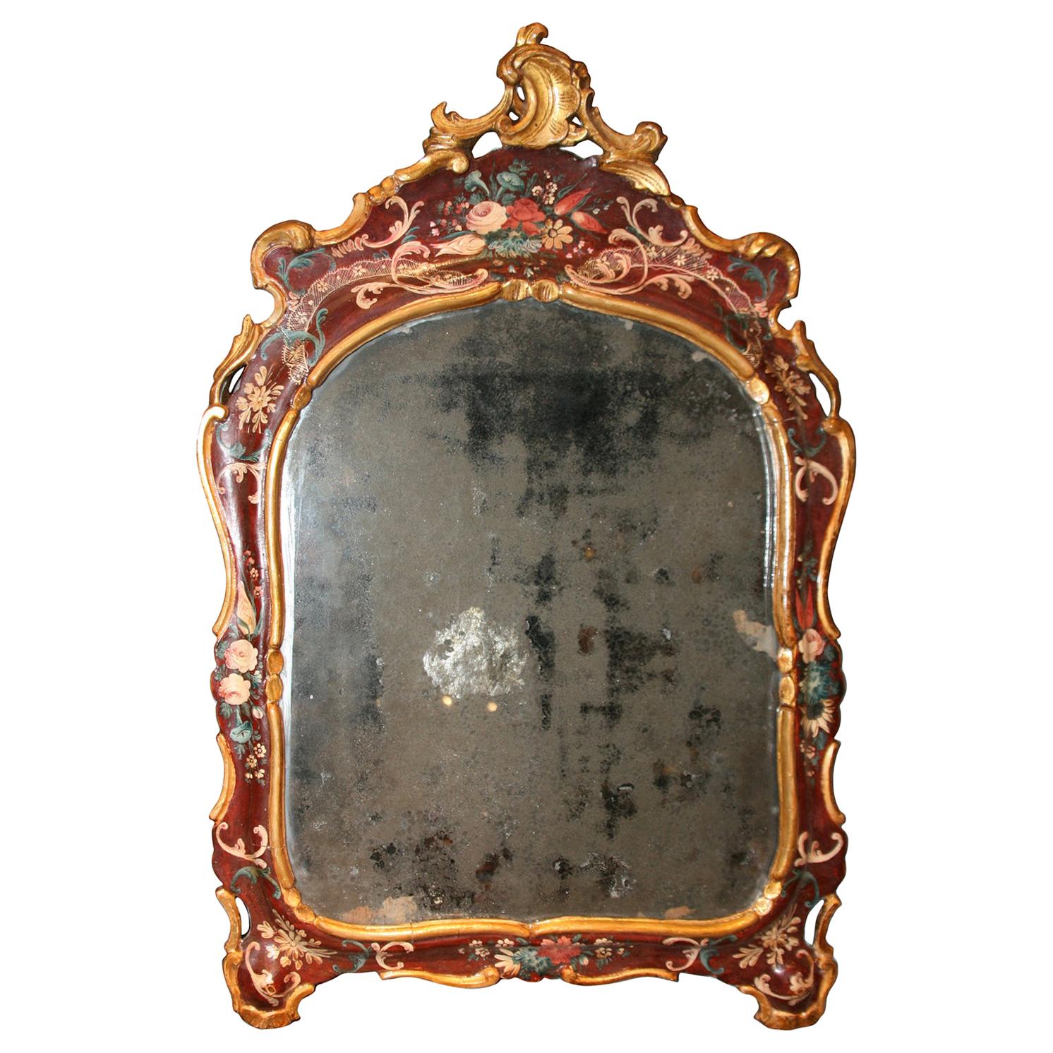 Venice Italy Mid-18th Century Red Wooden Lacquered Mercury Glass Mirror For Sale