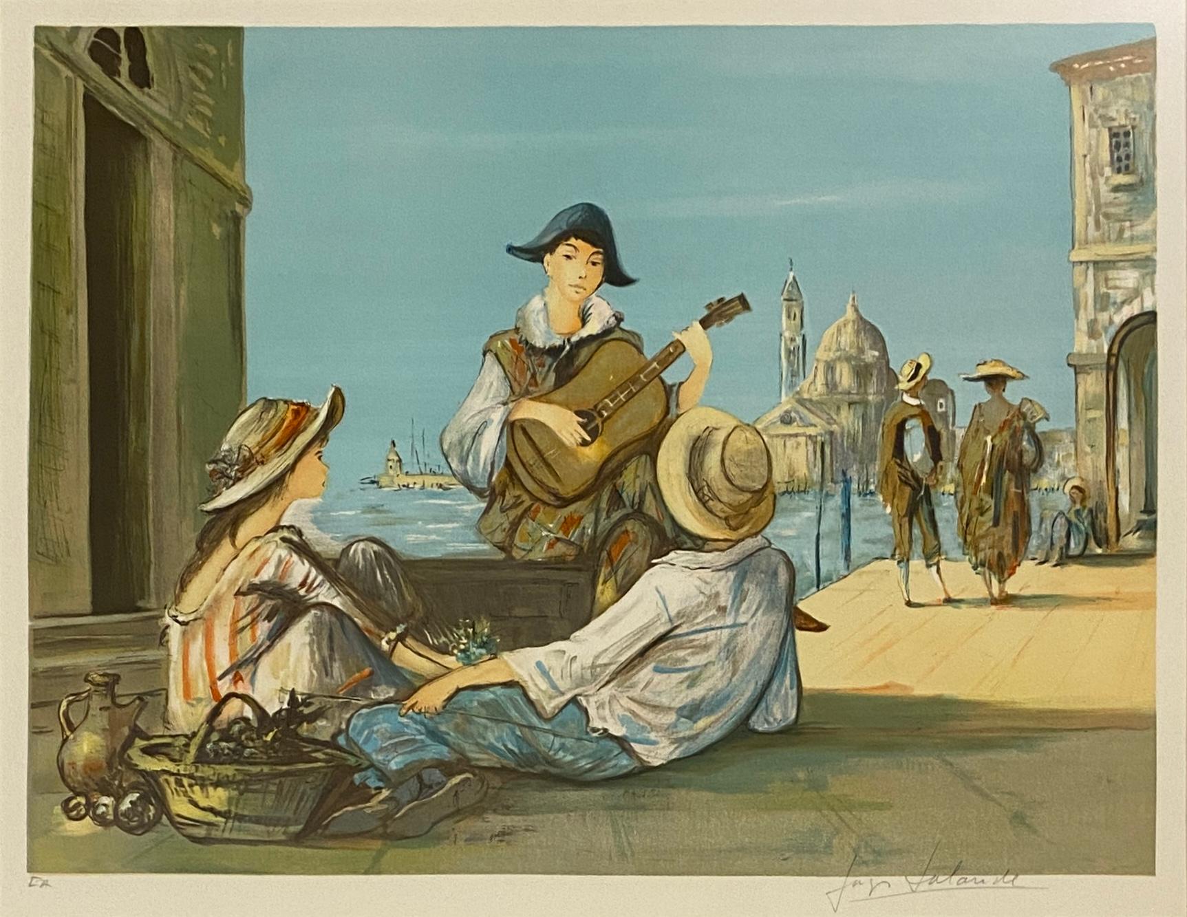 Lithographie couleur d'une scène musicale à Venise, Italie Bon état - En vente à Miami, FL
