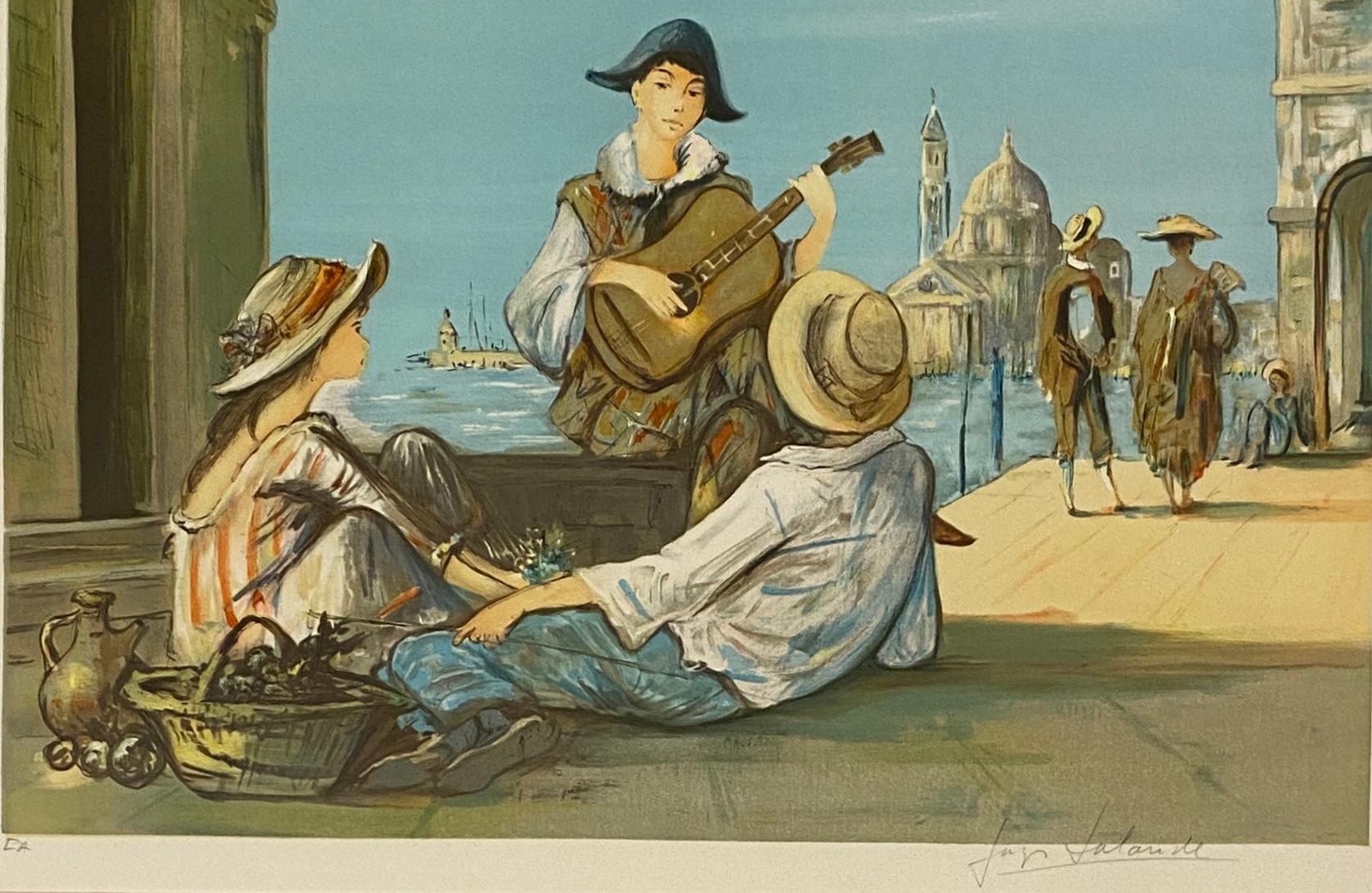 20ième siècle Lithographie couleur d'une scène musicale à Venise, Italie en vente