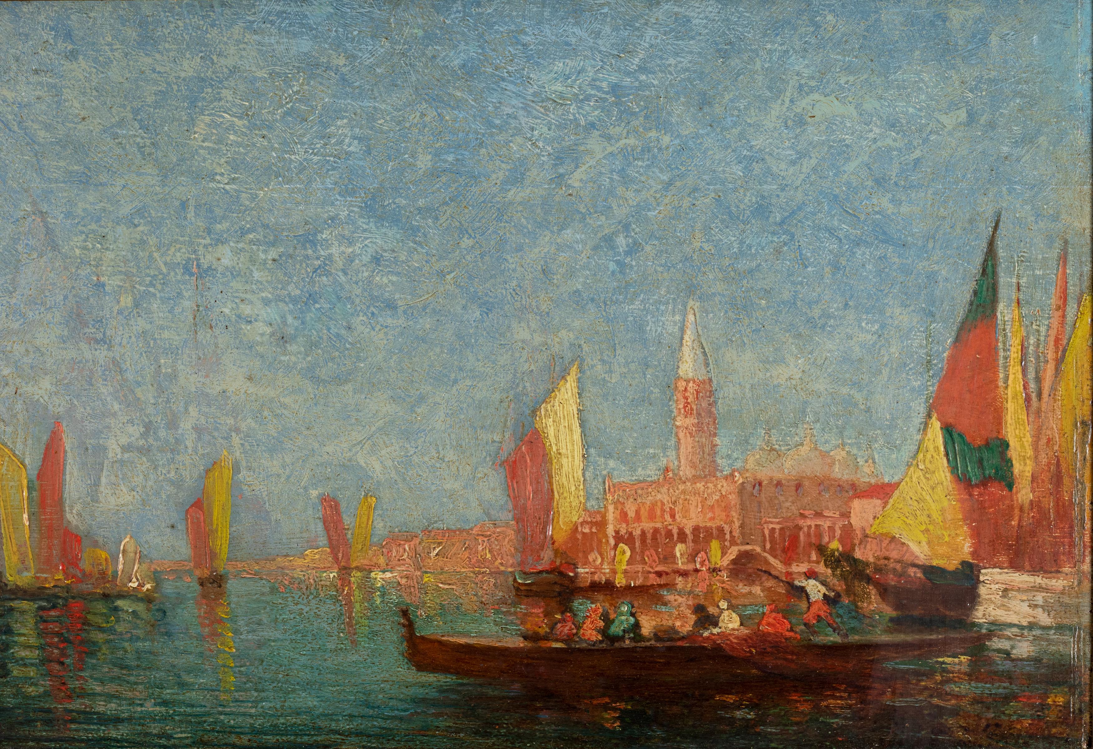 This 19th-century oil painting captures a vibrant Venetian landscape, depicting the iconic Venice Canal with boats drifting along the waterway. 
The bright colors and dynamic brushstrokes bring the beauty and life of Venice to the painting. 
The
