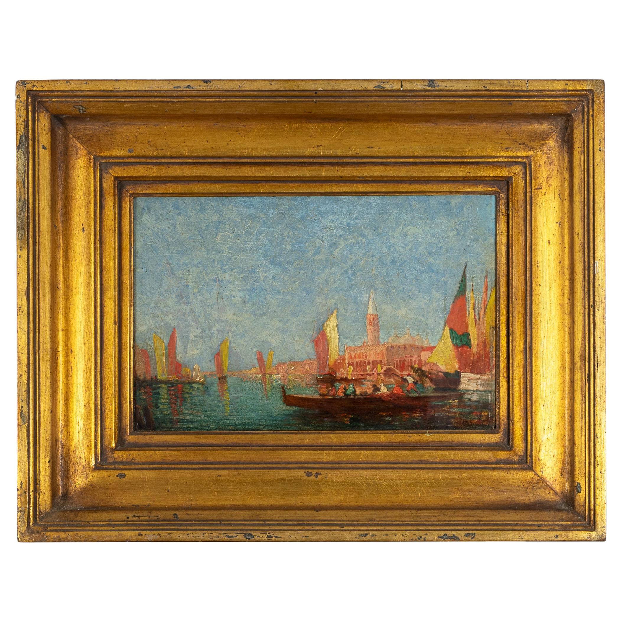 Venice Landscape of Venice and Channel with Boats Painting, 19th Century For Sale